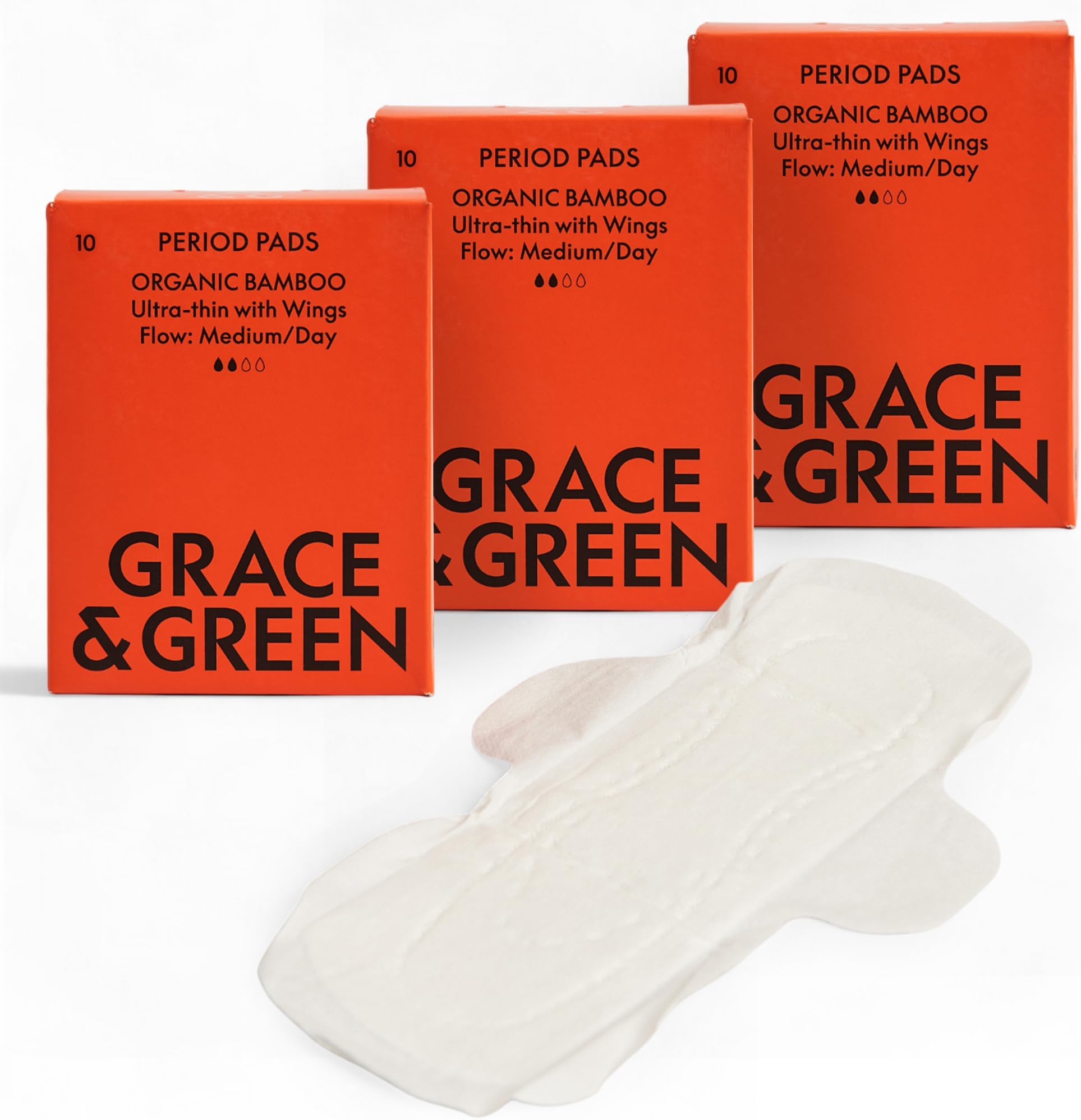 Grace & Green 30 Daytime Organic Bamboo Pads - Medium Flow | Comfortable Secure Fit with Wings | Sustainable Pads & Biodegradable Packaging | Eco-Friendly Period Protection | B-Corp Certified