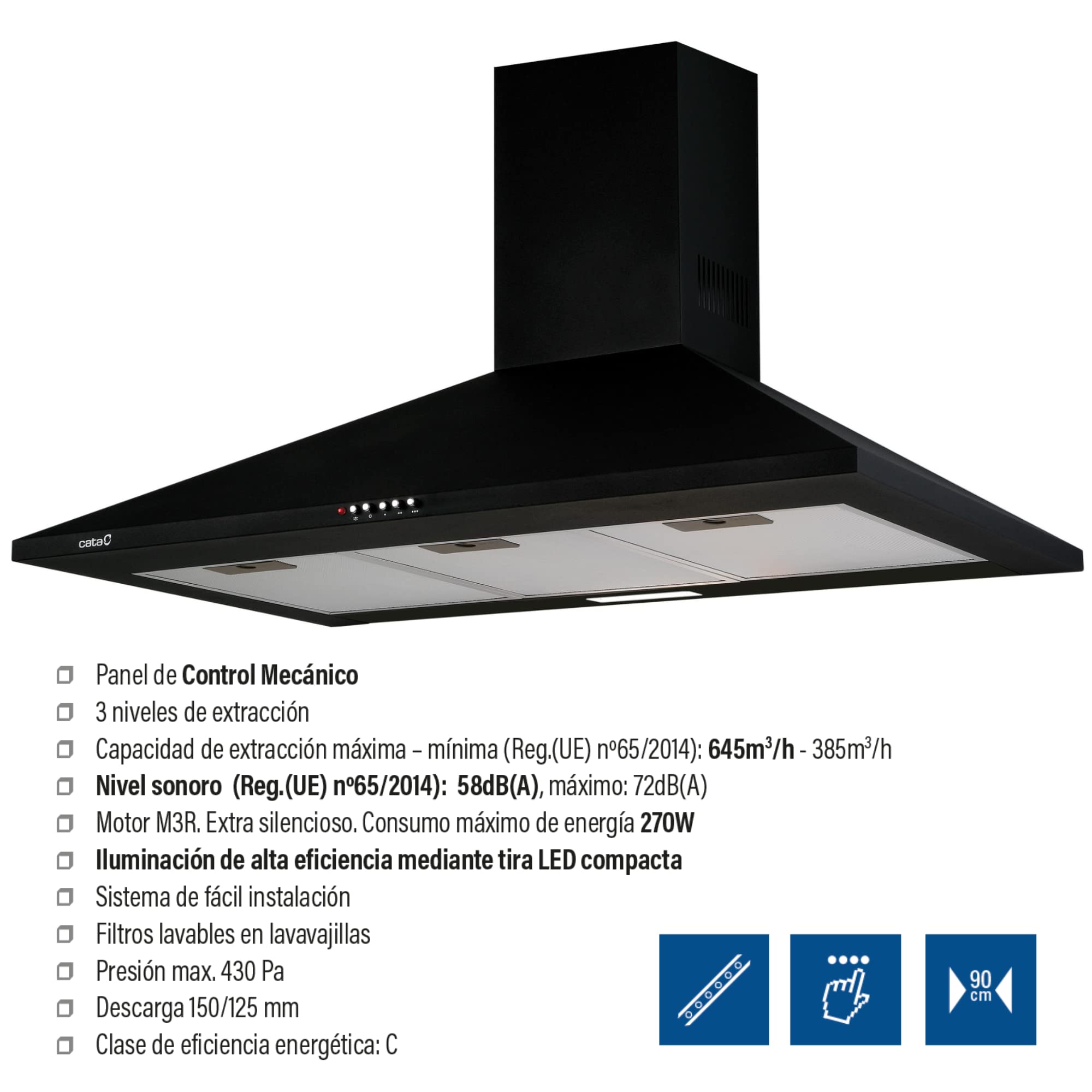 Cata Campana Extractora OMEGA 900 BK/M Campana de Cocina Bajo nivel Sonoro, Ancho de 90 cm, 3 Niveles de extracción, Panel de Control mecánico, Acabado en Color Negro