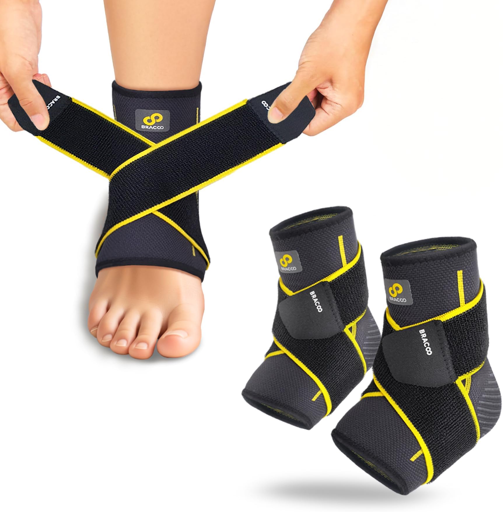 Ankle Support for Men & Women (2 Pack) – Adjustable Foot Compression Brace for Plantar Fasciitis, Achilles Tendinitis, ligament damage, Sprains & Swelling, FS60 (Black, L/XL)