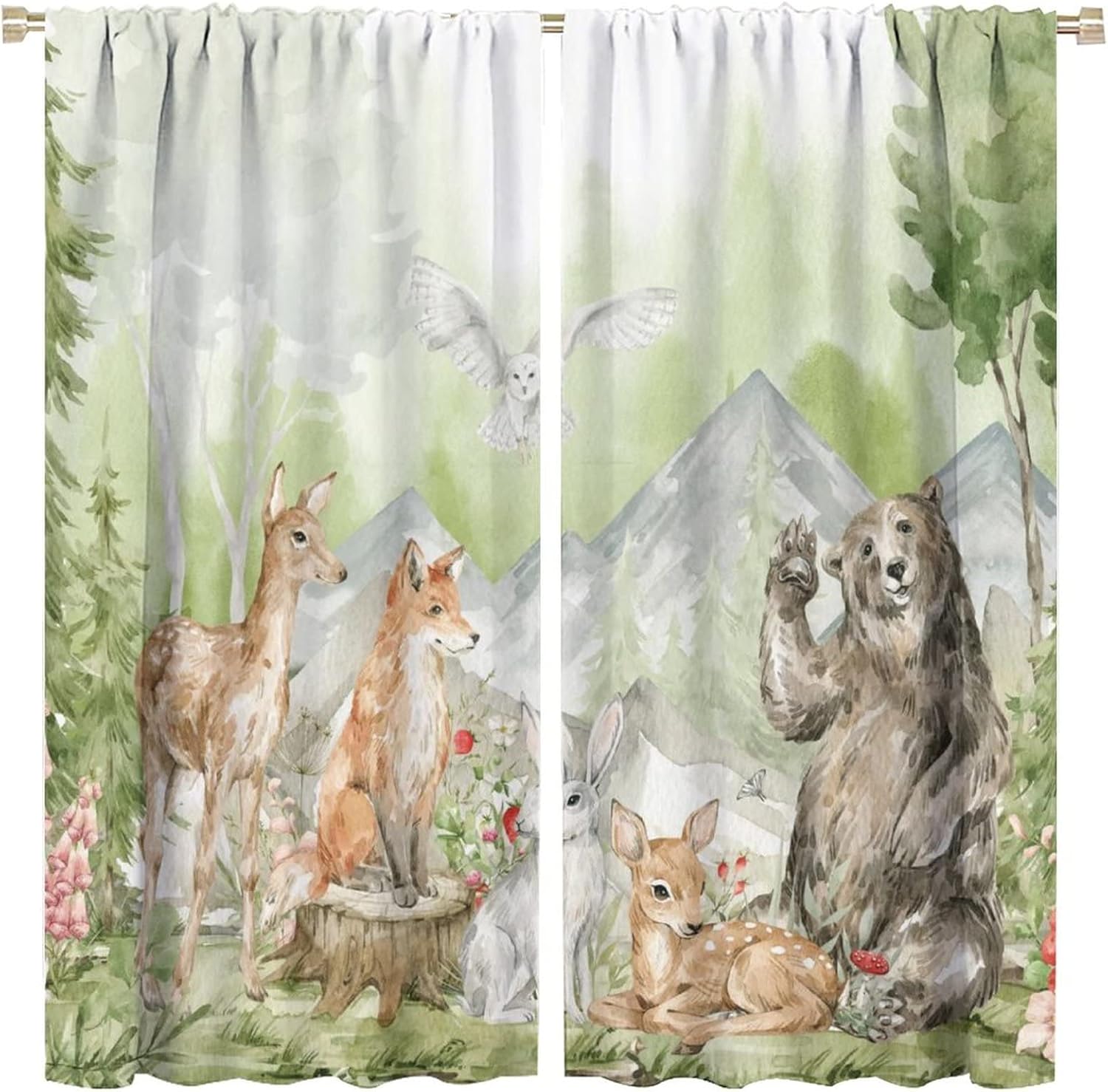Woodland Animals Forest Print Blackout Curtains for Bedroom - Watercolor Cartoon Bear Deer Fox Cabin Window Drapes,Rod Pocket Room Darkening Curtains 2 Panels 63L x 31.5W