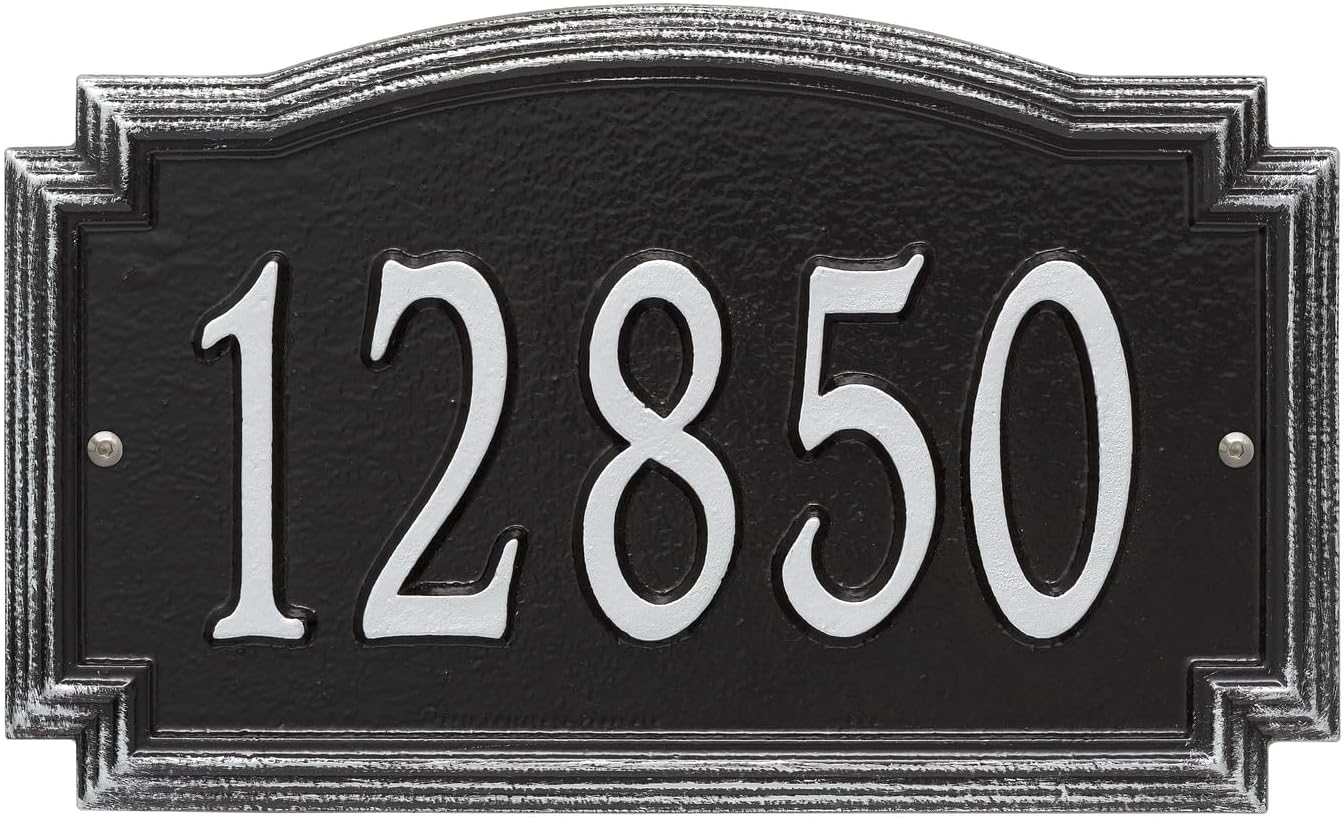 Whitehall Barcelos 3343BS Personalized Cast Metal Address Plaque Custom House Number Sign with One Line in Black and Silver Color 14 X 8.5