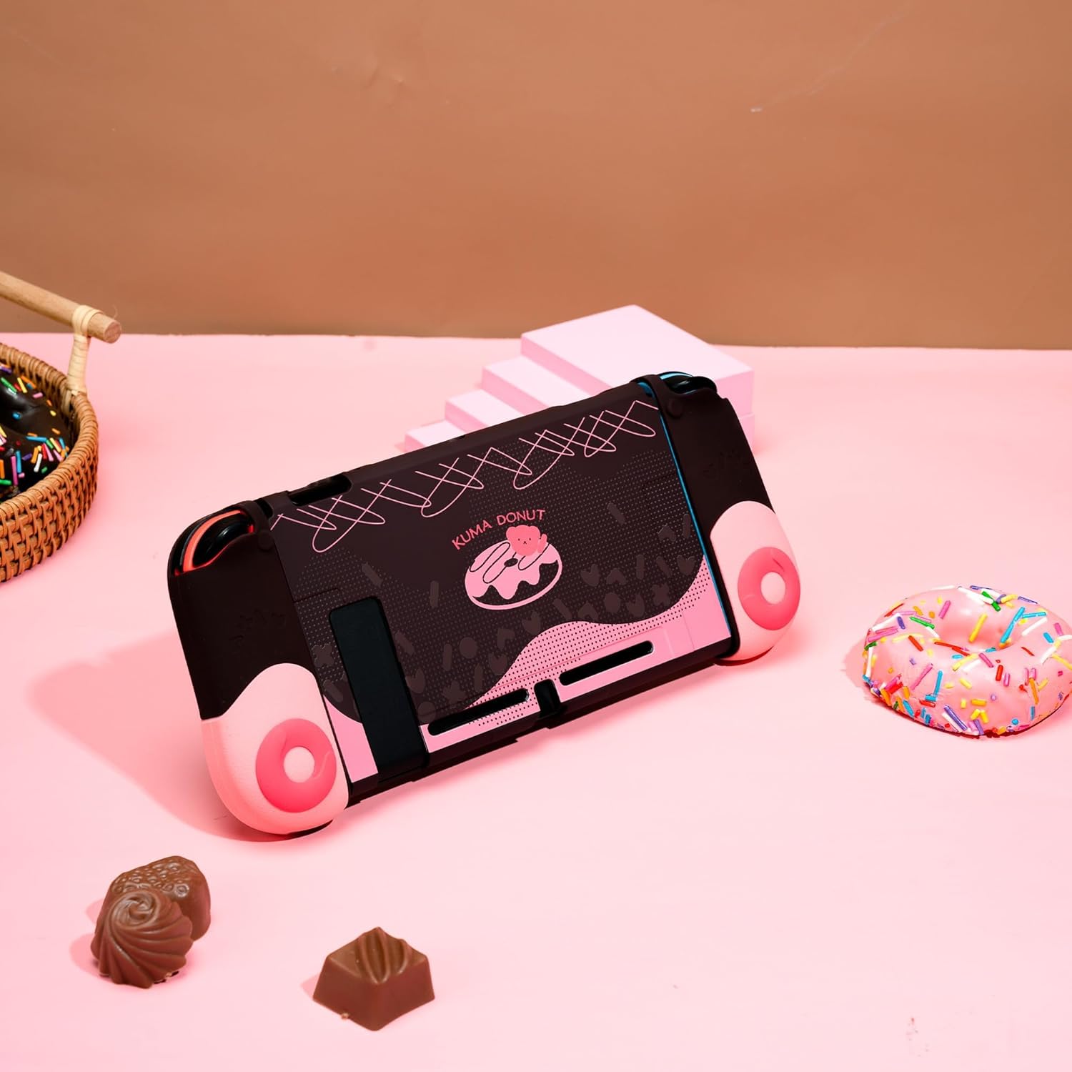 GeekShare Protective Case for Switch Slim Cover Case Separable Soft Silicone Protective Shell for Joycon with 2 Thumb Grip Caps- Strawberry Chocolate (for Switch 2017)