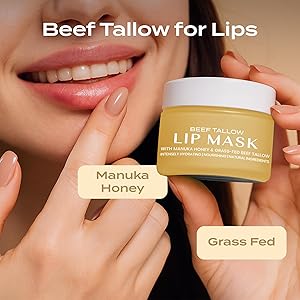 Body Restore Grass Fed Beef Tallow Lip Mask, with Manuka Honey Christmas Stocking Stuffers, White Elephant, Hydrating Moisture, Travel Essentials, Self Care, Birthday Gifts for Women, Men Vanilla