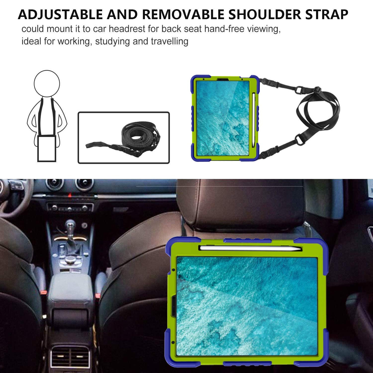 Tablette Coque For iPad 2020 AIR4 10.9 / PRO 11, Couvercle de protection antichoc adorable For enfants, avec support poignée pliante, kickstand rotation, bandoulière transportante(Navy blue+grass green)