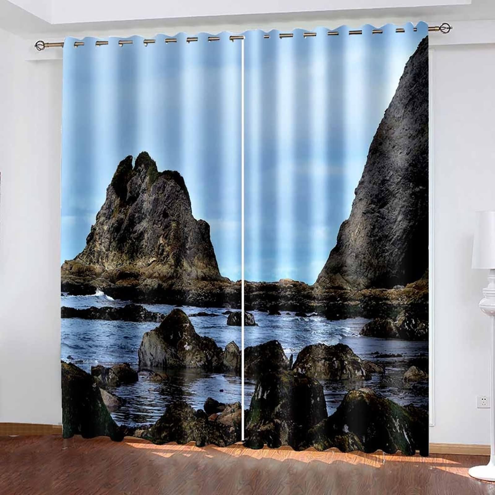 Rideau Fenetre Longue, Rideau de Cuisine Occultant Multicolore Paysage Océanique Rocheux Polyester 2 Panneaux 428x183cm