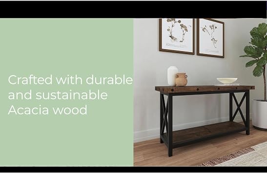Flexsteel Dark Brown Sofa Table with Metal Frame and Exposed Bolt Heads