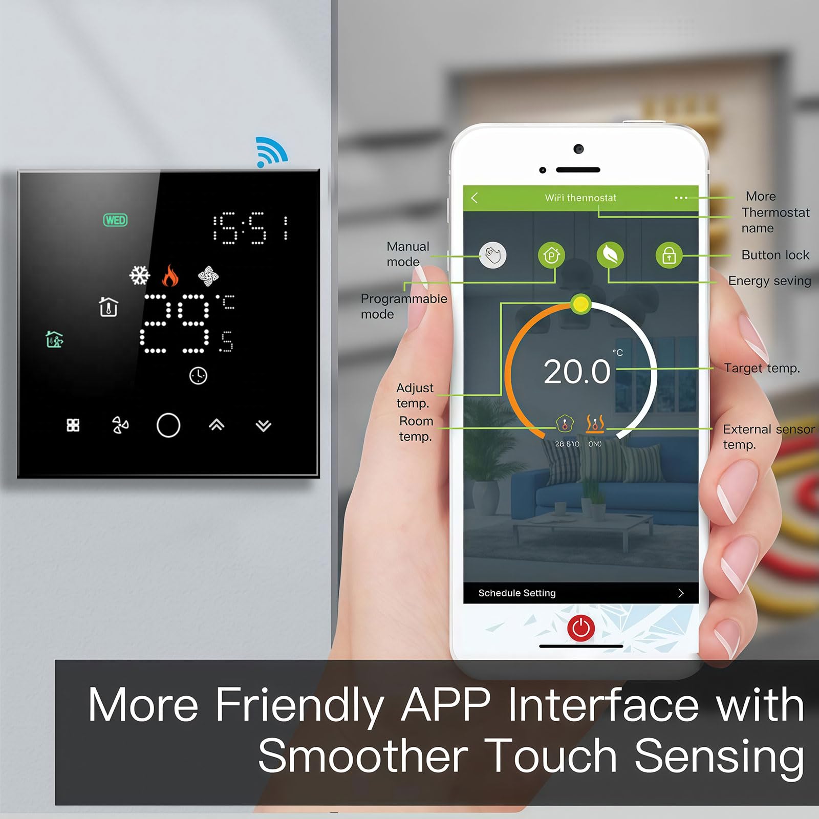003 Serie Wi-Fi Termostato - Termostato con Pantalla Táctil para Calefacción de Agua, Electricidad y Calderas - Control Remoto Desde Teléfono Móvil Compatible con Alexa, Google Home e IFTTT