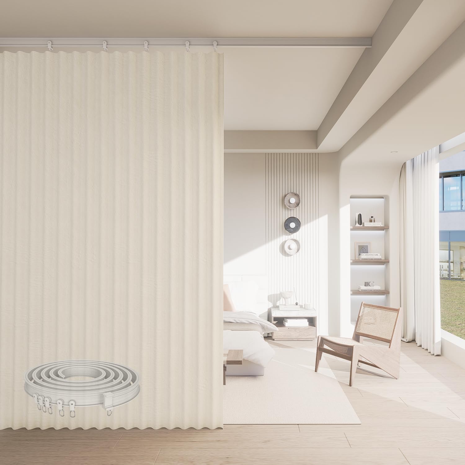 Room Divider Curtains, Blackout Curtains with Bendable Ceiling Curtain Track, Partition Room Dividers Extra Wide Thermal Insulated Soundproof Curtains Floor to Ceiling Curtains (Beige, 100W X 84L)