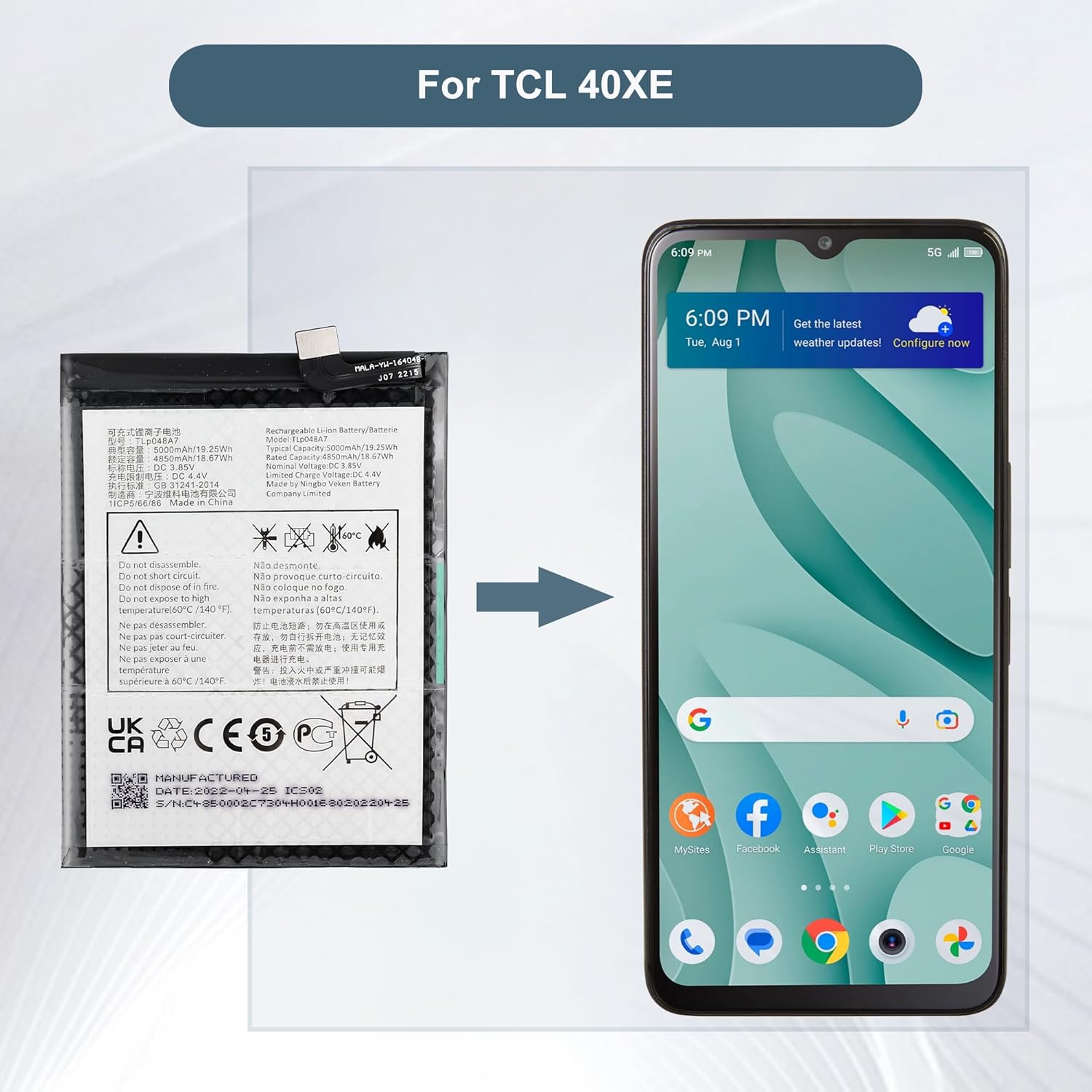 Replacement Battery TLP048D7 Compatible with TCL 40XE with Tools