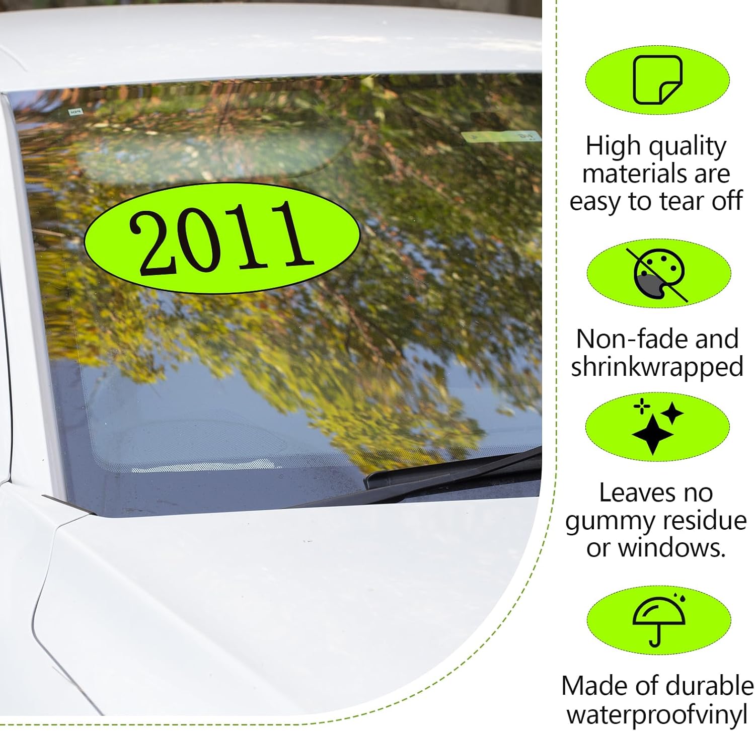 Car Windshield Year Stickers (2010-2027) - 18 Dozen (12 per Year, 216 Total), Chartreuse & Black Large Oval Vinyl - Waterproof, Easy to Remove, Residue-Free - Ideal for Used Car Dealers & Auto Dealers