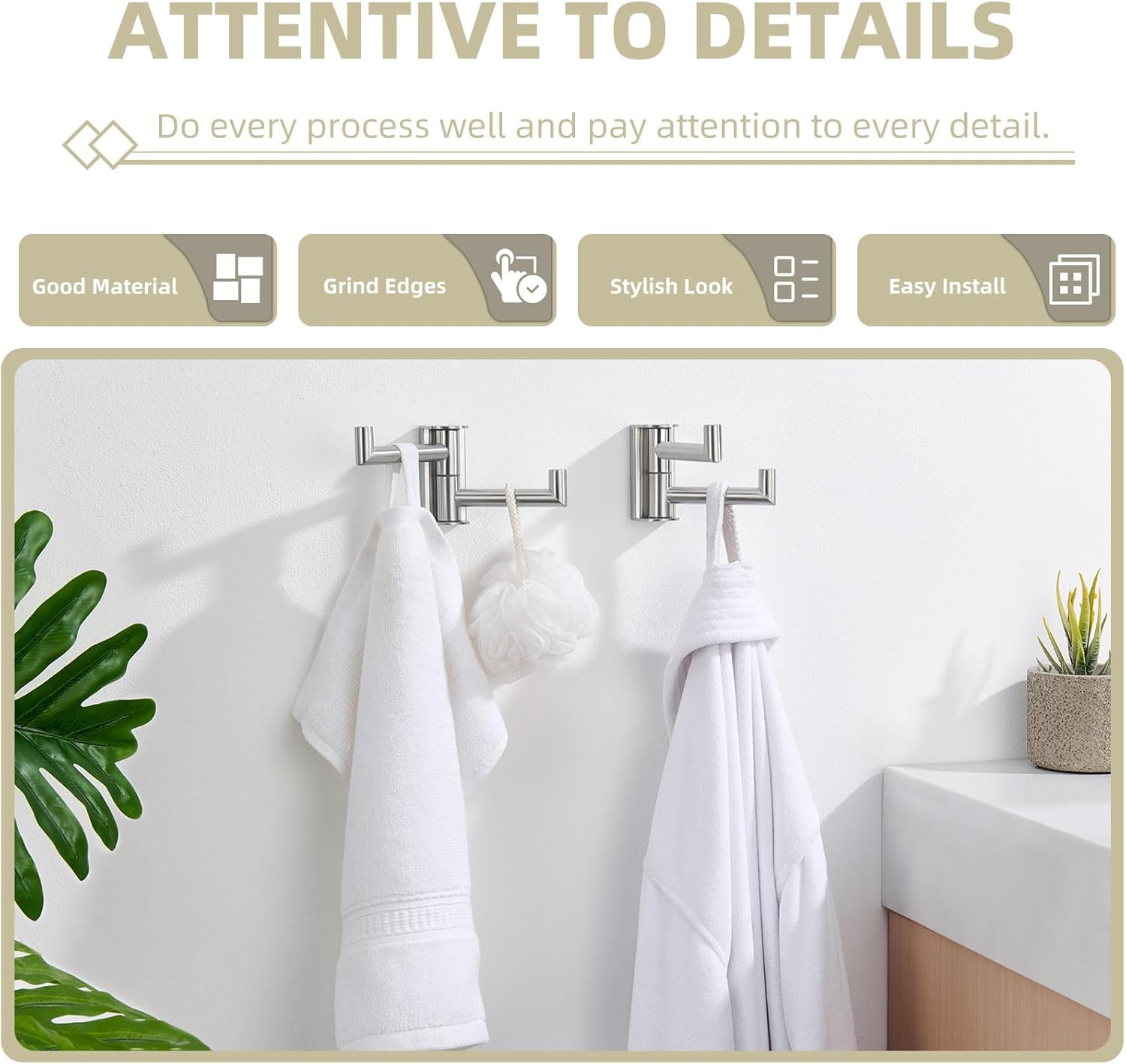 Suyar Brushed Nickel Double Towel Hook, SUS304 Stainless Steel Swivel Wall Hook with 2 Arms, Foldable Robe Coat Hanger for Bathroom, 2 Pack