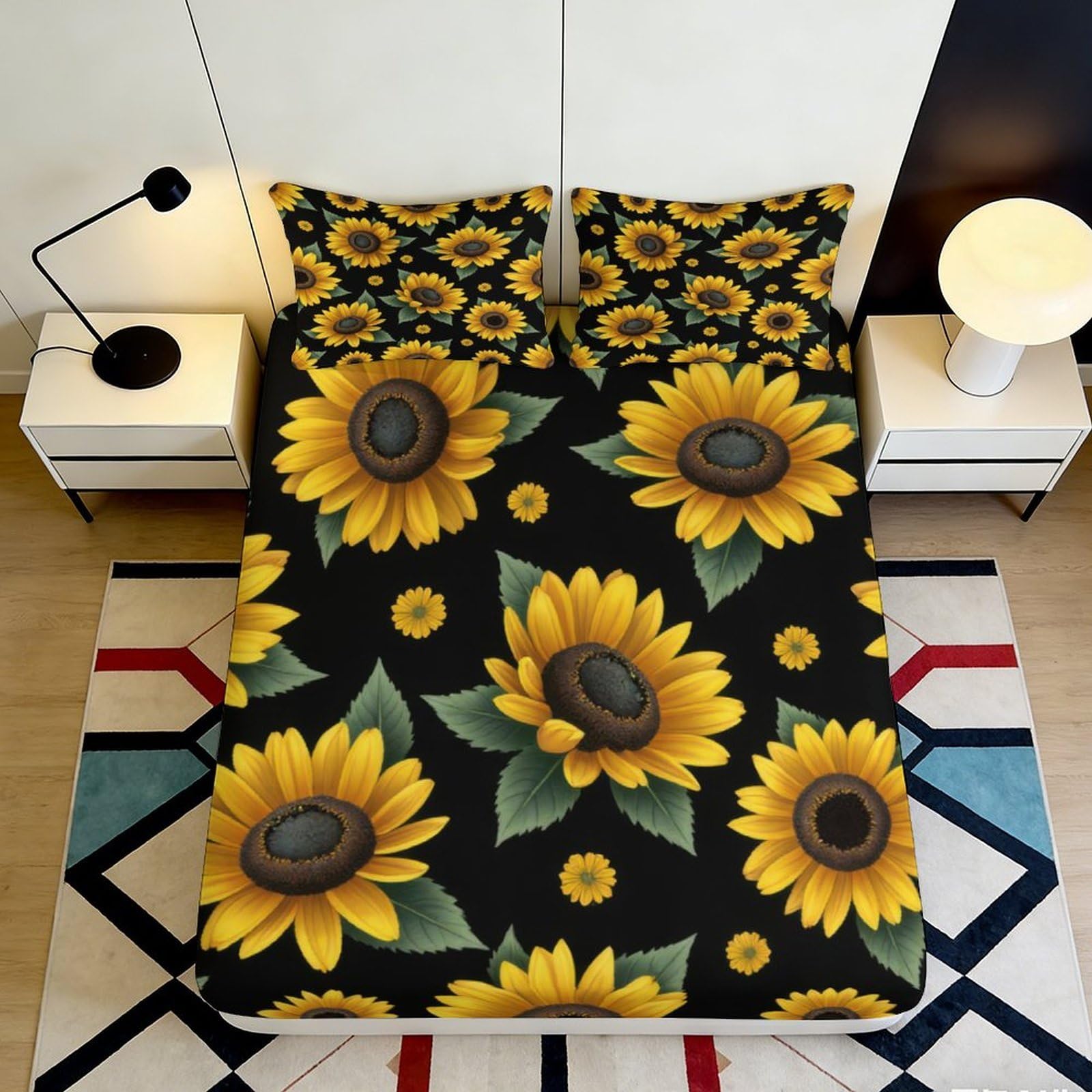 3D Printed Sunflower Blossom Fitted Sheet Microfiber Yellow Floral Mattress Cover Bedroom Decor Machine Washable 160x200x25cm