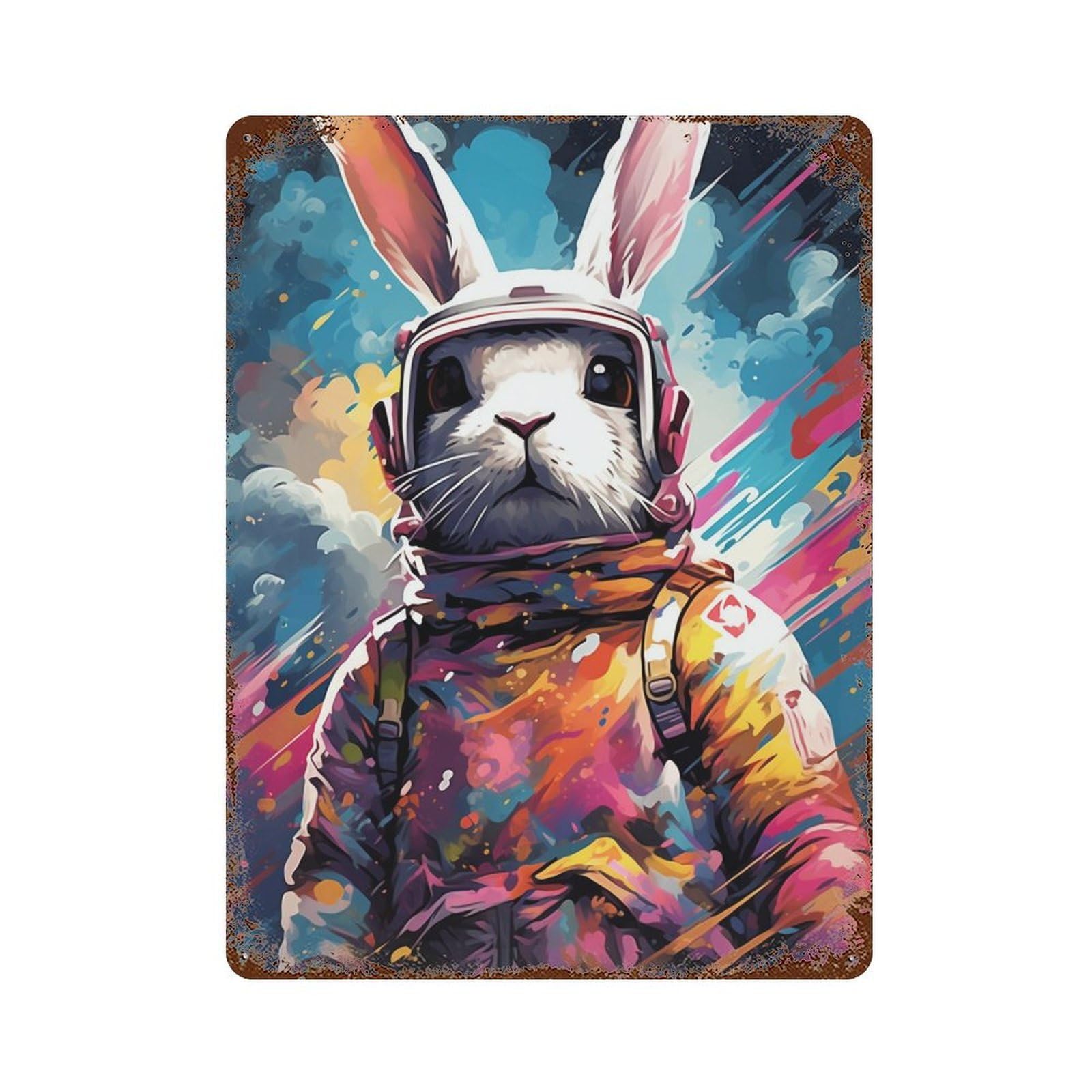 Space Bunny Adventure -2 15.7"x11.8" Aged Metal Wall Plaque, Vintage Wall Decor for Basement, Hobby Room And Garage Decor