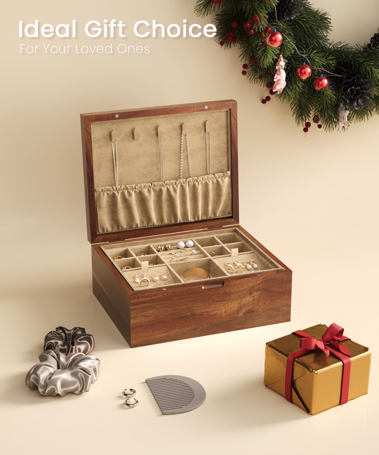 Acacia Wood Jewelry Box Organizers, Wooden Jewellery Organizer with Hinged Lids and Removable Jewelry Tray for Necklace Earring Rings and Bracelet