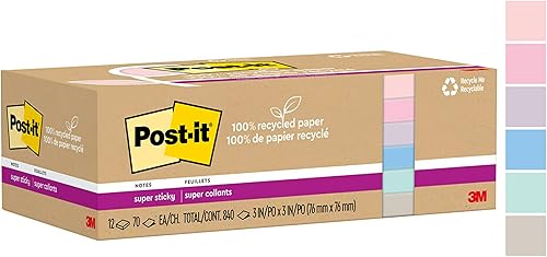 Post-it Notas súper adhesivas de papel 100 reciclado 2 veces el poder de pegar 3 x 3 pulgadas 12 blocs por paquete 70 hojasbloc colección Wanderlust