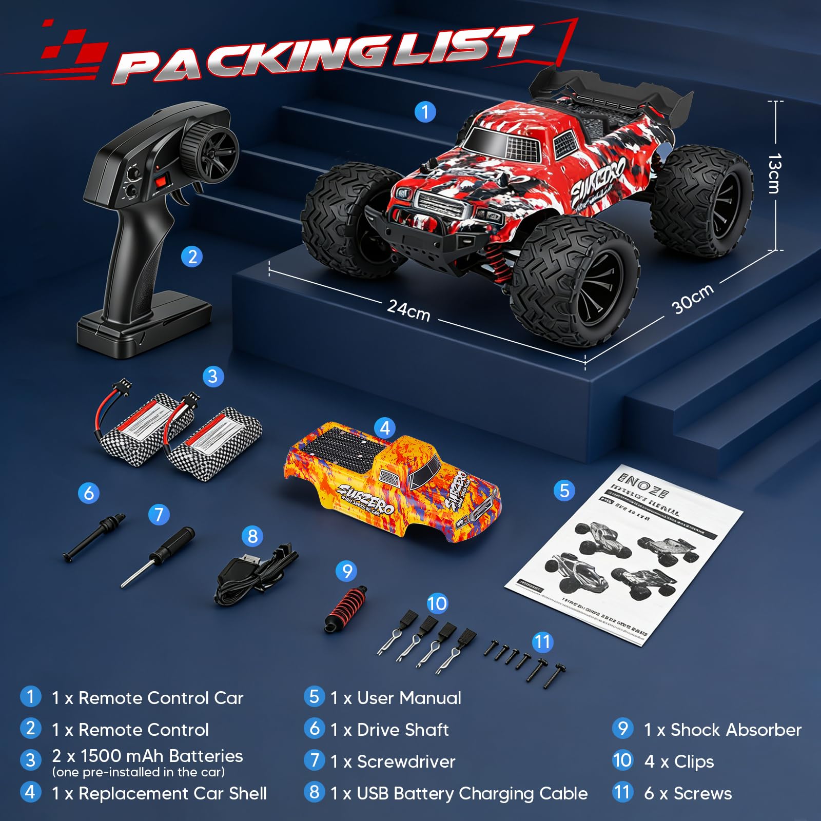 Ferngesteuertes Auto,RC-Auto im Maßstab 1:16, Allrad-Offroad-RC-Truck mit hoher Geschwindigkeit (über 60 km/h), RC-Truck mit zwei wiederaufladbaren 1500-mAh-Akkus und zwei Karosserien (Modell 9500E)