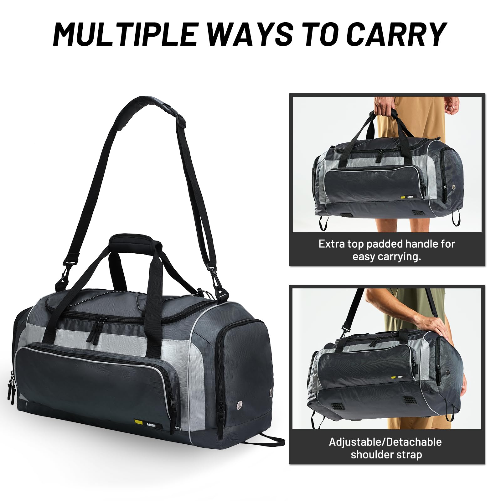 MIER Borsa sportiva grande da uomo con scomparto per scarpe, 60 l, grigio, sportiva, grigio, Sportivo
