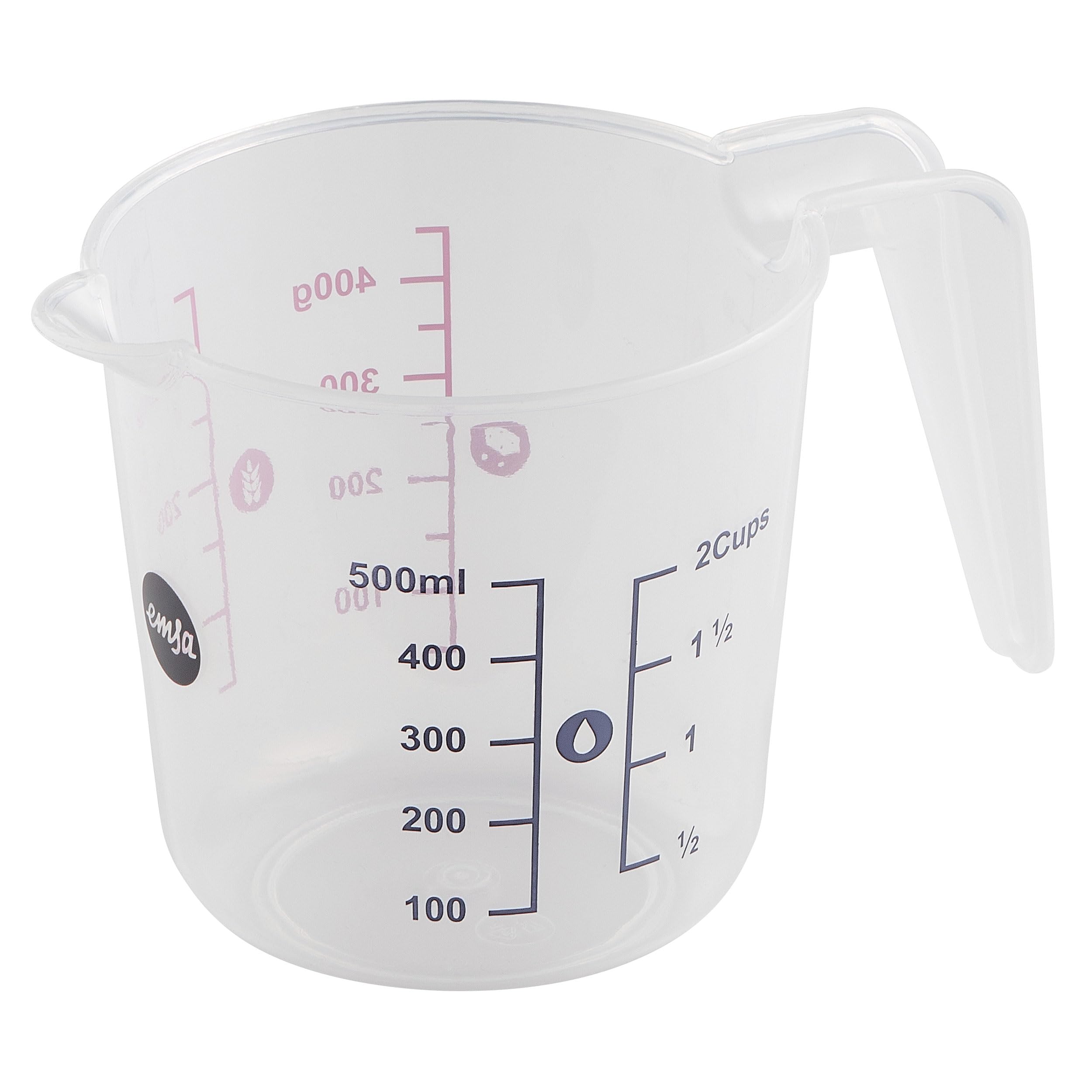 Emsa K32260 Prep&Bake kubek z miarką z tworzywa sztucznego 0,5 l | podwójna skala | do stałych i płynnych składników | zintegrowana krawędź do nalewania zapewnia precyzyjne, czyste nalewanie | nadaje