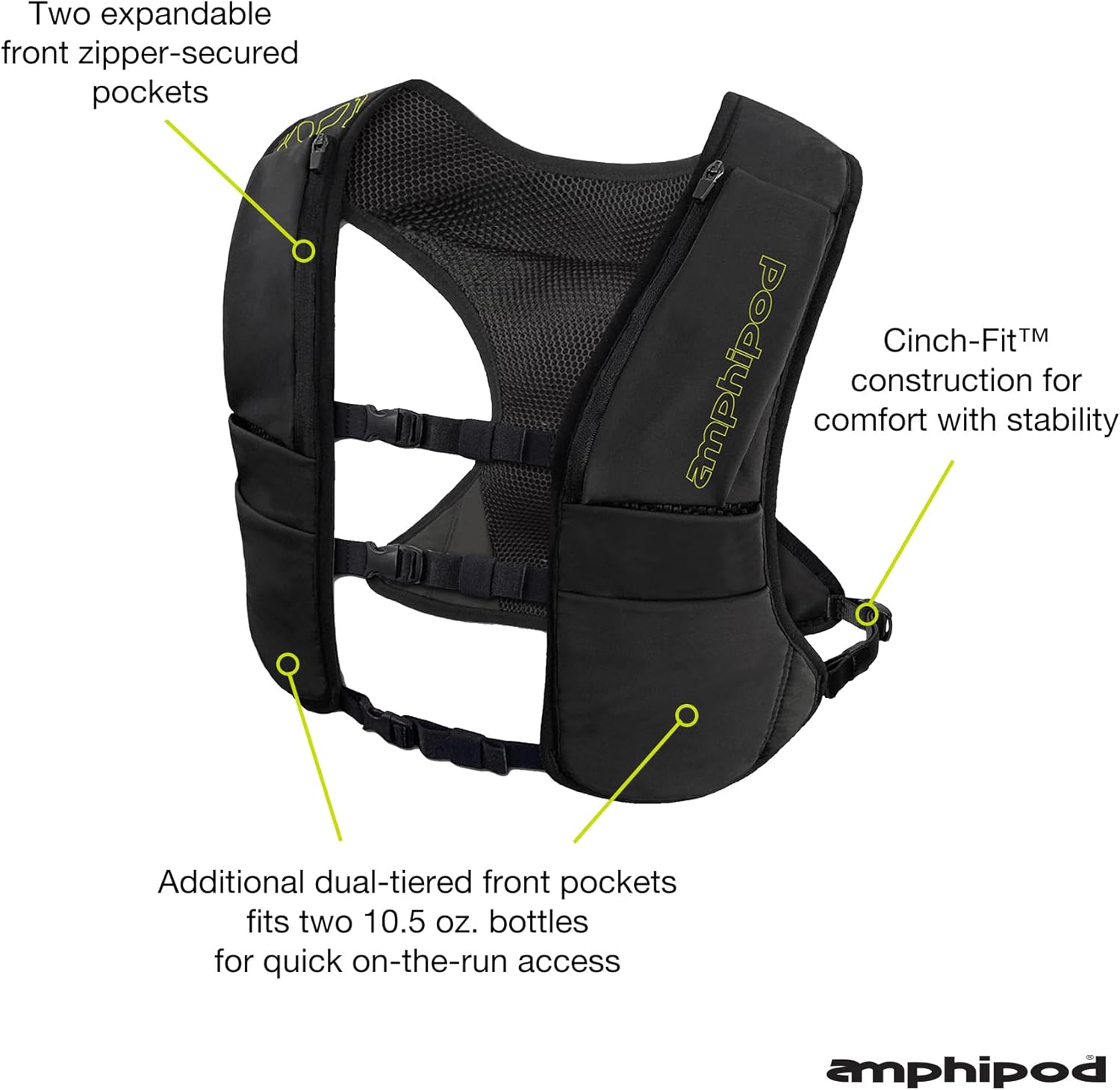 Amphipod Airflow Run Vest, Runners Storage & Hydration Vest for Endurance & Marathon Runs, Men & Women - Black / Amp Green - 2