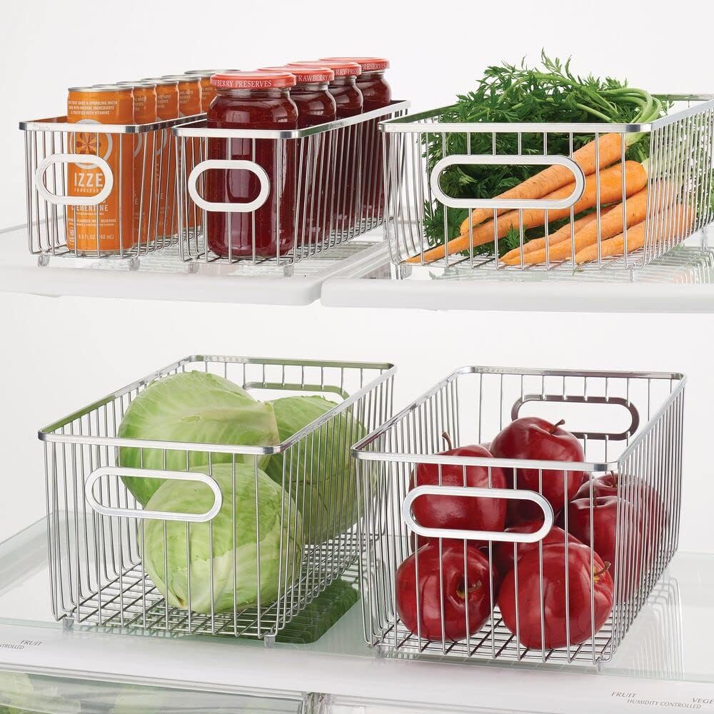 Review Product mDesign Metal Farmhouse Kitchen Pantry Food Storage Organizer Basket Bin - Wire Grid Design for Cabinets, Cupboards, Shelves, Countertops - Holds Potatoes, Onions, Fruit - Long, 8 Pack - Chrome