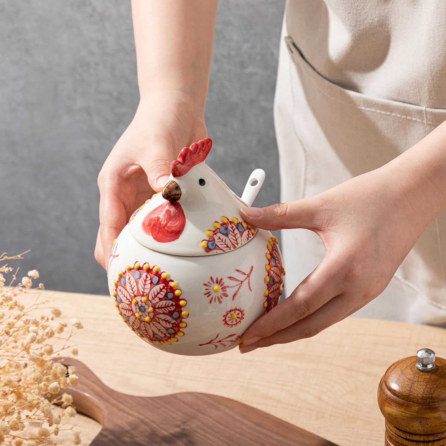 Ceramic Salt Cellar with Lid and Spoon, 13 oz Large Chicken Salt Jar,Red