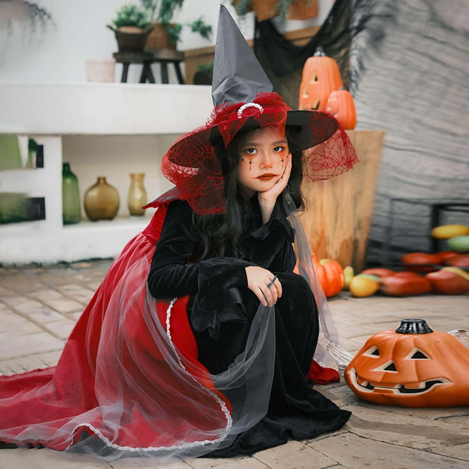 Generisch Disfraz de bruja para niña, disfraz de Halloween | Bata larga negra con capucha, cinturón, manga larga, para teatro y desfiles de Halloween