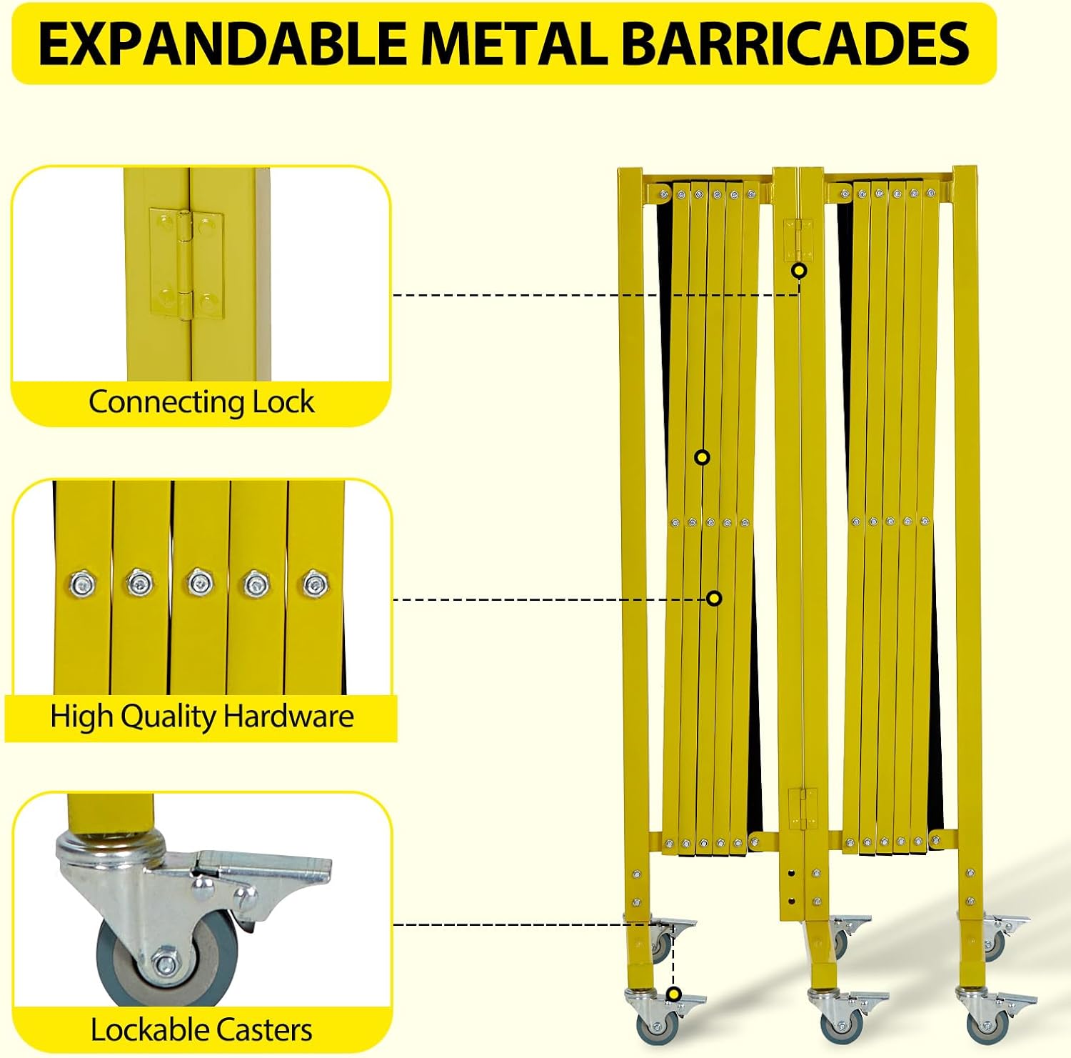20FT Industrial Expandable Barricade Folding Security Gate with Wheels, 20ft Expandable Metal Barricade with Wheels, Yellow Black Traffic Fence for Construction, Crowd Control, Parking Lot, Events