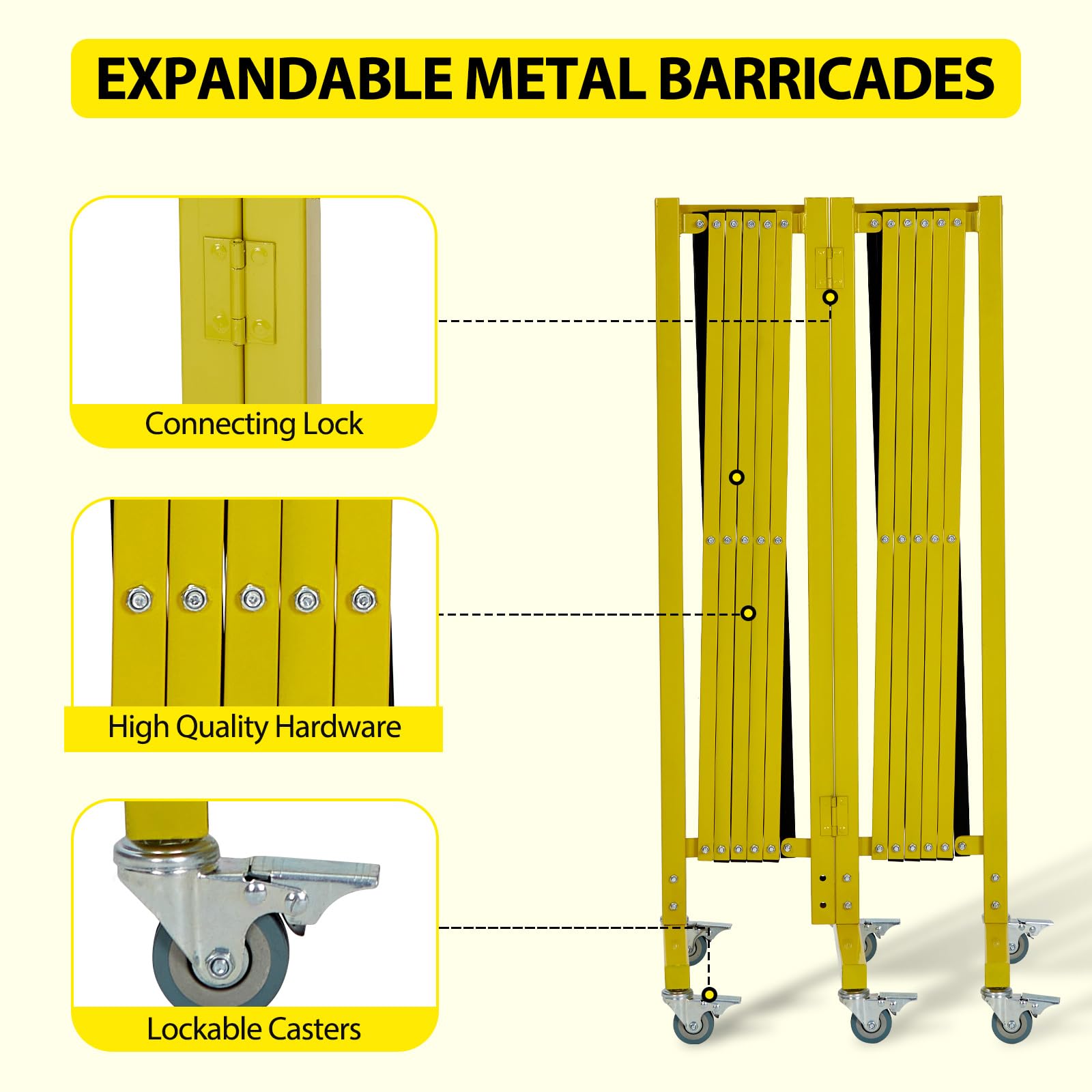 Garvee Barrière de sécurité Industrielle Extensible en métal - Portable, rotative, avec roulettes et Panneau d'avertissement, Contrôle de Circulation rétractable, Sécurité des installations, 6.05m