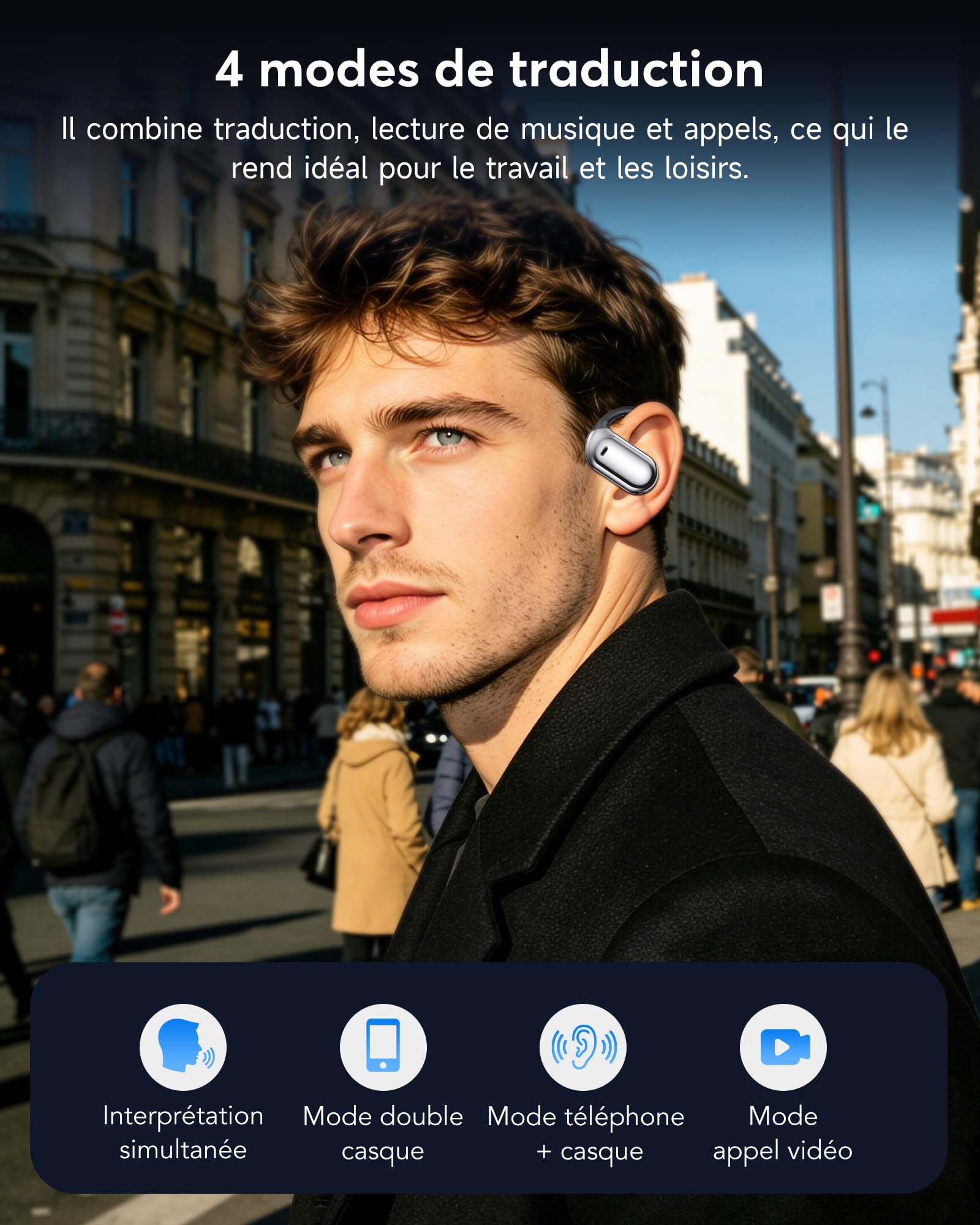 AI Ecouteur Traducteur Instantané Bluetooth 6.1, 3 en 1 198 Langues 8 Modes Traduction avec APP, 80H Oreillette Noir