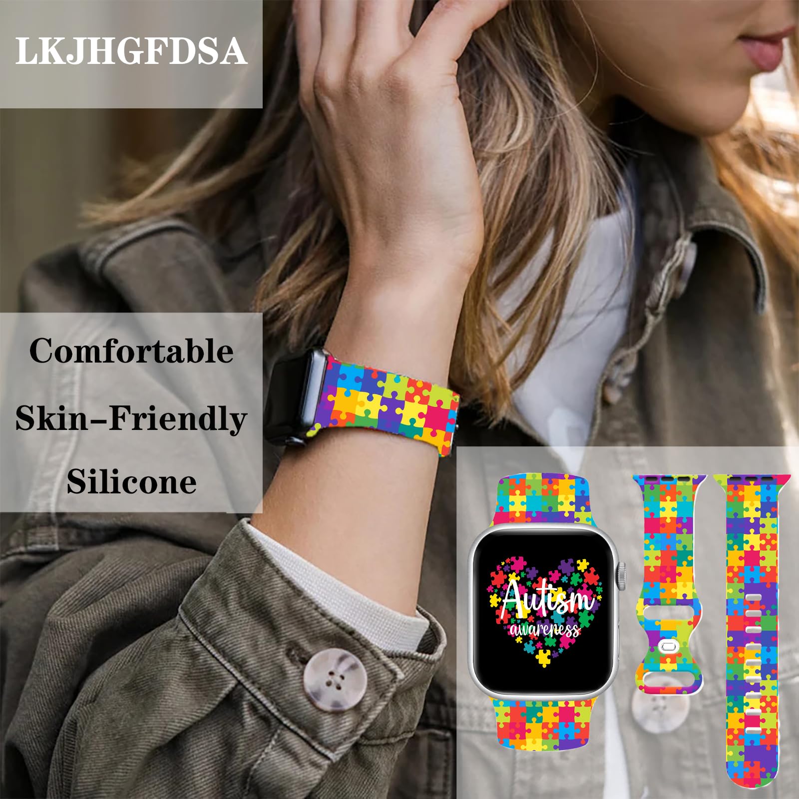 Autism Awareness Iwatch Bands, Autism Puzzle Piece Smartwatch Bands Compatible With Apple Watch 38mm 40mm 41mm Wristbands Soft Silicone Straps Replacement For Series 9/8/7/6/Se/Ultra Women Men