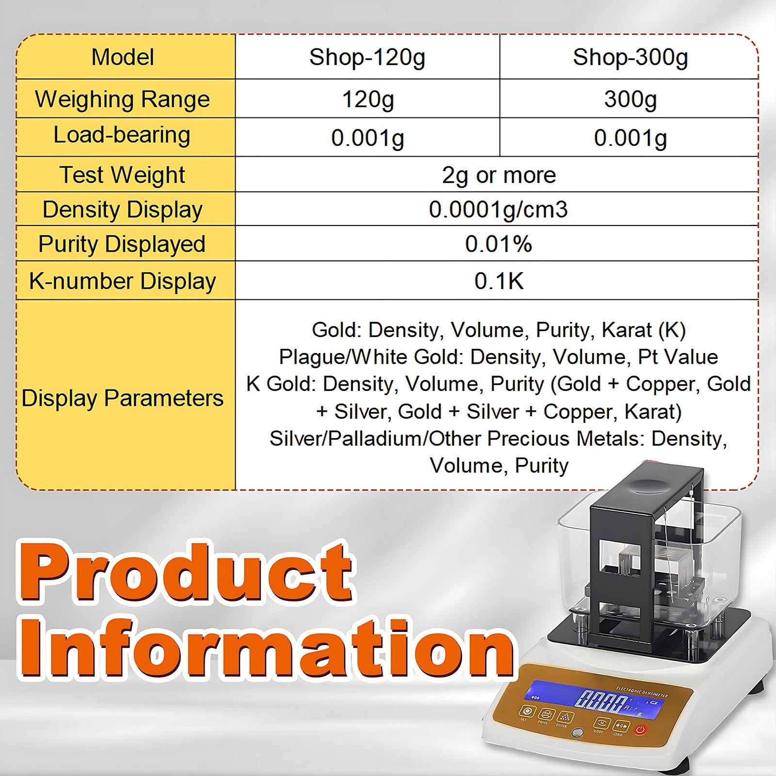 Goldanalysegerät Goldprüfmaschine, Dichteauflösung 0.0001 g/cm³, Präzision 0,001 g Für Edelmetallprüfung Und Schmuck Analysegerät Für Gold Silber Platin Palladium(Shop-120g)