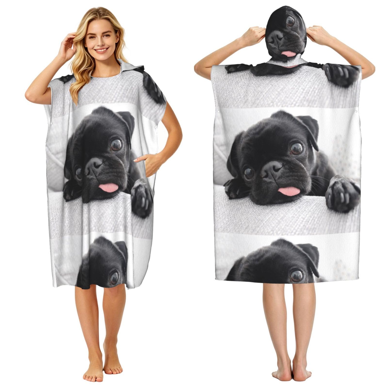 Poadnly Funny Pug Black, Adult Hooded Beach Towel 90 x 110 cm,Changing Bath Robe, Surf Poncho Towel For Women Men