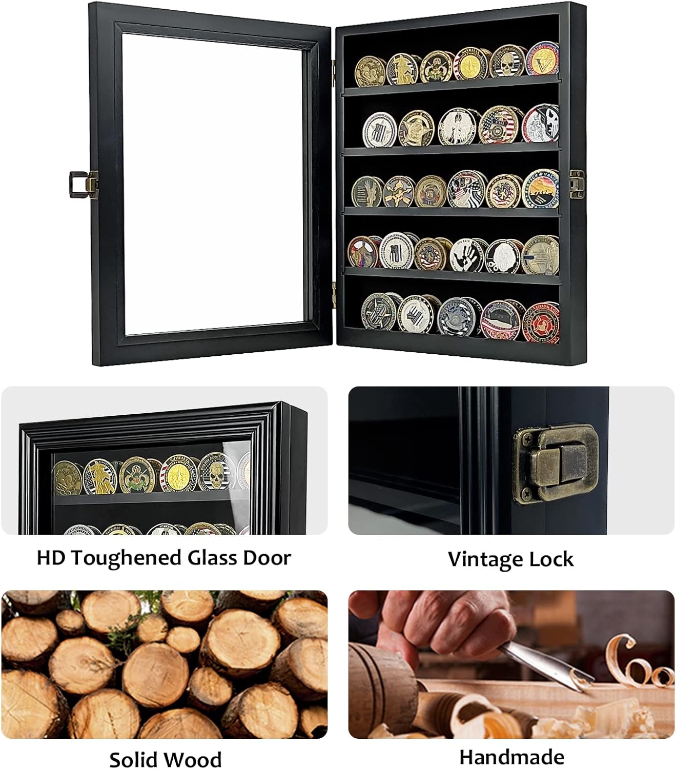 ASmileIndeep Military Challenge Coin Display Case Holder with HD Toughened Glass and Wall Mount, Wooden Coin Stand Rack with Removable 2 Grooves Shelves for Poker Chips Collectibles, Black…