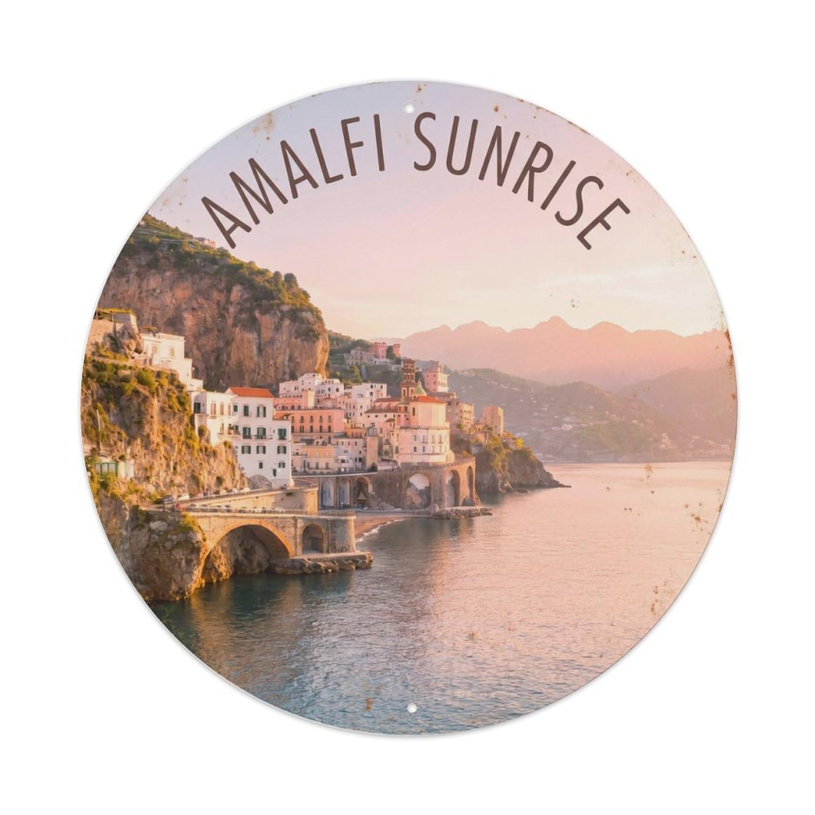 Vintage Italian Coast Sunrise Coastal Morning Mediterranean Metal Tin Sign Plaque Wall Decor for Cafe, Man Cave, Club Bar, Office, Home Garden Round Metal Poster 8x8Inch
