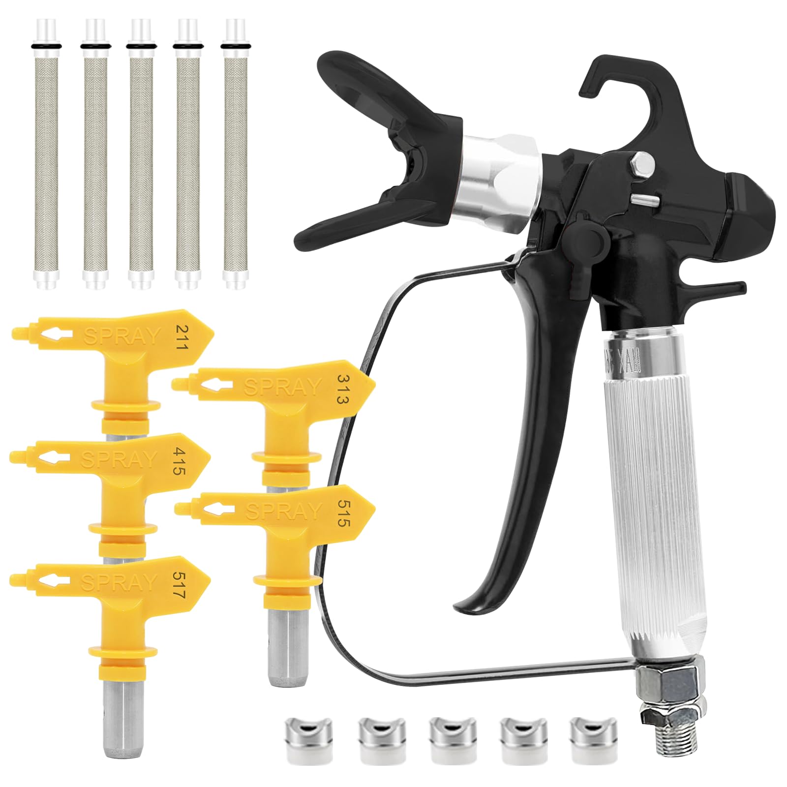Photo 1 of 3600 PSI High Airless Paint Sprayer Gun with 5 Reversible Nozzle (211,313,415, 515, 517) Tips, Swivel Joint, 5 Airless Paint Sprayer Gun Filters for Exterior Paint/Primer,Fences