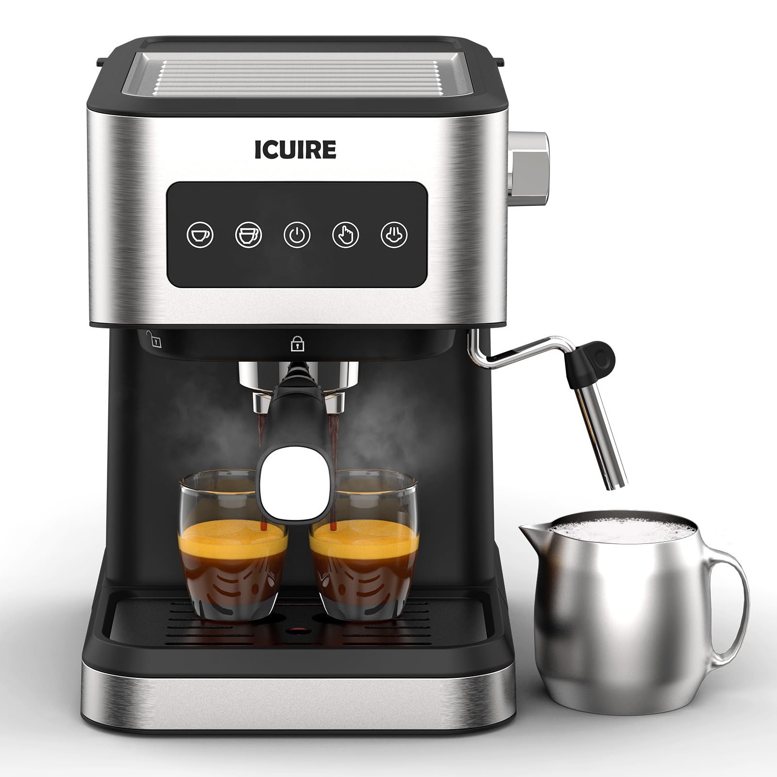 ICUIRE 20 Bar Espresso Machine, 1.5L Water Tank Coffee Maker Machine, Latte Machine with Milk Frother Steam Wand, Cappuccino/Macchiato Maker, Detachable Pallet, 1050W Rapid Heating, Stainless Steel