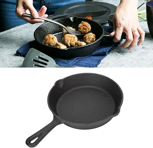 Miniatura 3 de Sartén de hierro fundido, sartén redonda negra, sartén de cocción uniforme con doble salida, sartén de cocción fácil presazonada para parrilla,