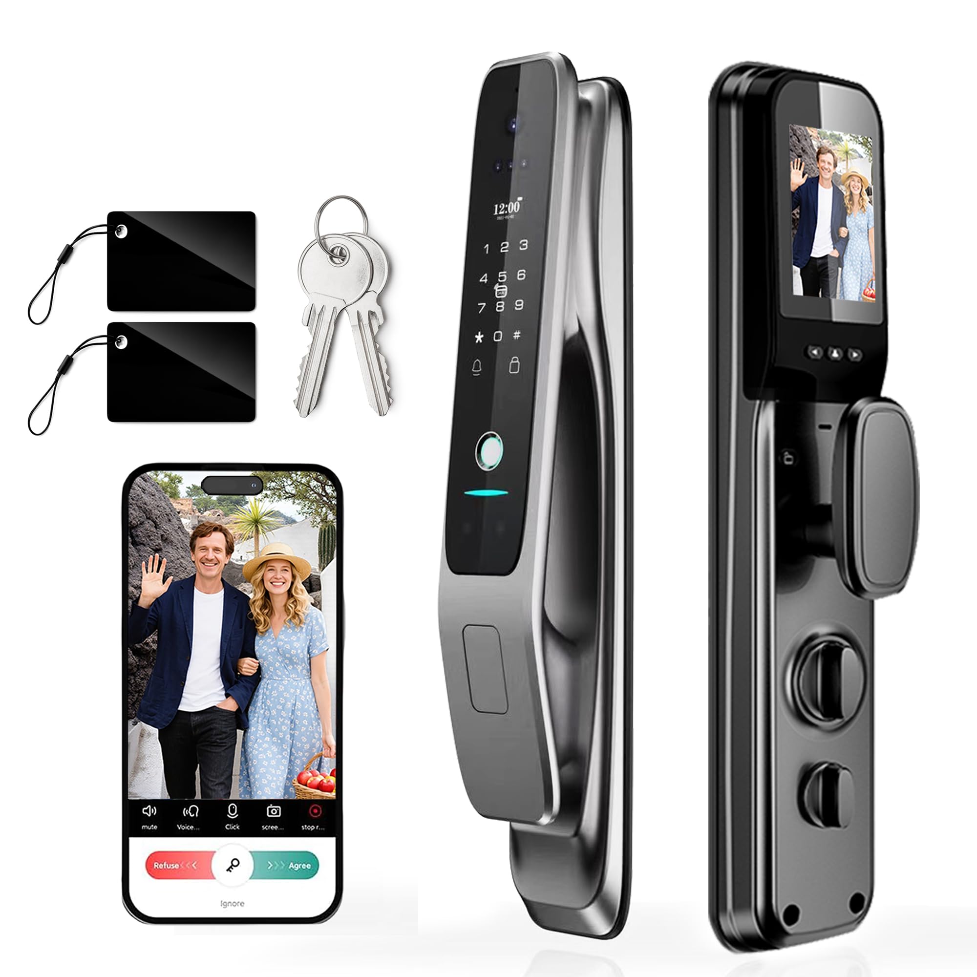 YINTIN 3D Face Recognition Smart Lock with Camera & Handle, Palm Vein Keyless Entry, Fingerprint Door Lock & Video Doorbell, 8-in-1 Unlock, Mortise
