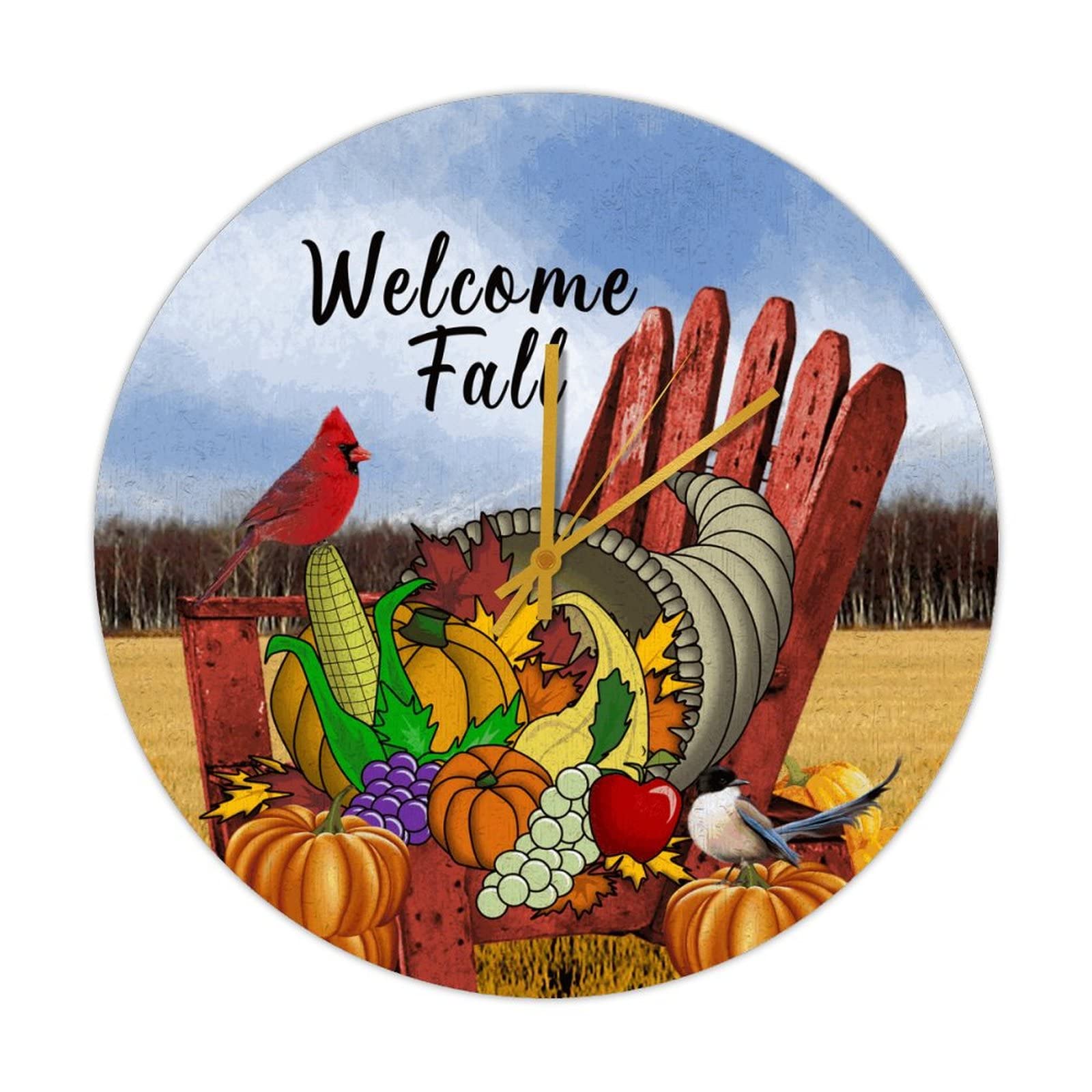 Horloge murale ronde en bois Thanksgiving Cardinal rétro silencieuse 38 cm