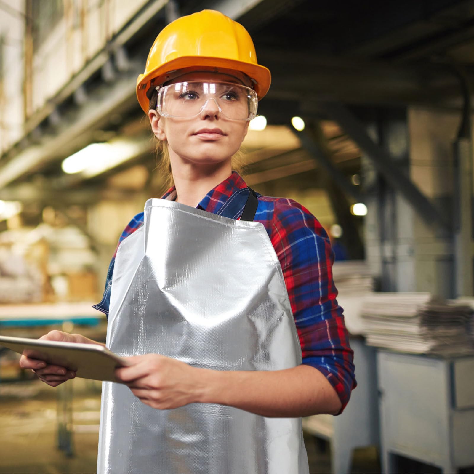 Hitzebeständige Feuerfeste Aluminiumfolien Wärmedämmschürze mit Verstellbaren Gurten Ölbeständig Unisex Arbeitsschutz für Werkstatt und Industrie Zufällige Farbe
