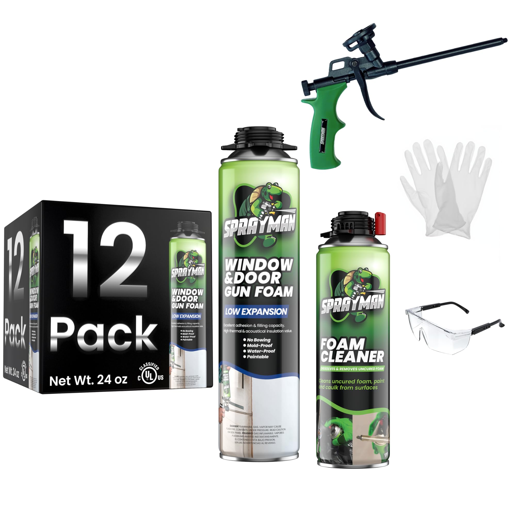 Sprayman Window & Door Expanding Spray Foam - (12x24oz) Low Expansion Polyurethane Spray Foam for Doors, Windows & Walls, Gun Use & Reuseable, Gun&