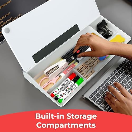 Miniatura 7 de Chalkola Pizarra blanca de escritorio de vidrio con almacenamiento, pizarra de borrado en seco, organizadores de escritorio de trabajo, soporte para