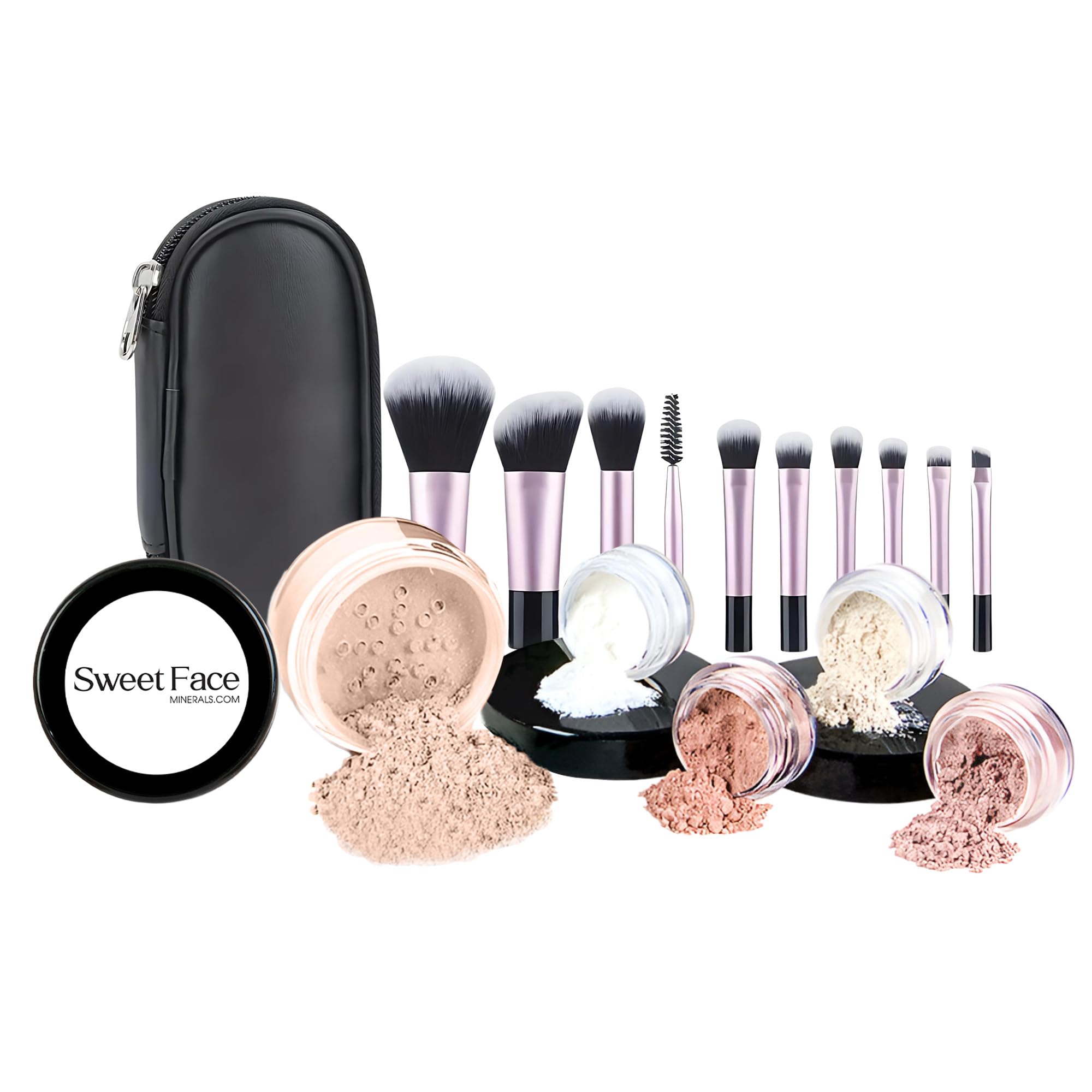 16pc Beginner Mineral Makeup STARTER KIT with 10 BRUSH SET (5gm) Sample Size Foundation, Primer, Blush, Bronzer, Setting Powder for Learning, Occasional Use,First Time Users, Travel Size Kit (Light) Light Foundation Shade