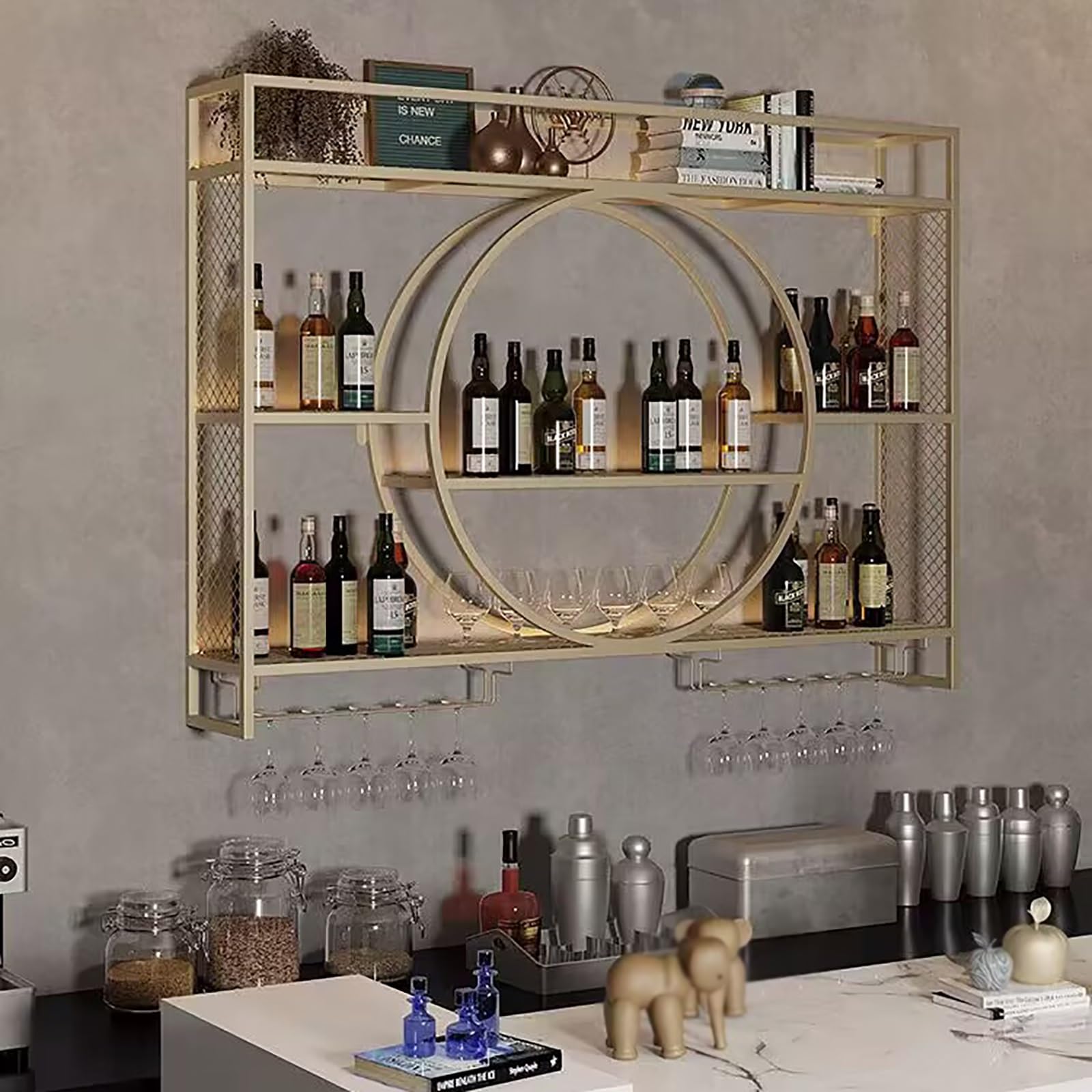 Botellero De Hierro De Estilo Industrial,Estante De Vino Montado En La Pared para Botellas,Enfriador De Vino Montado,Botellero De Almacenamiento Multifuncional,Soporte para Copas De Vino (Size