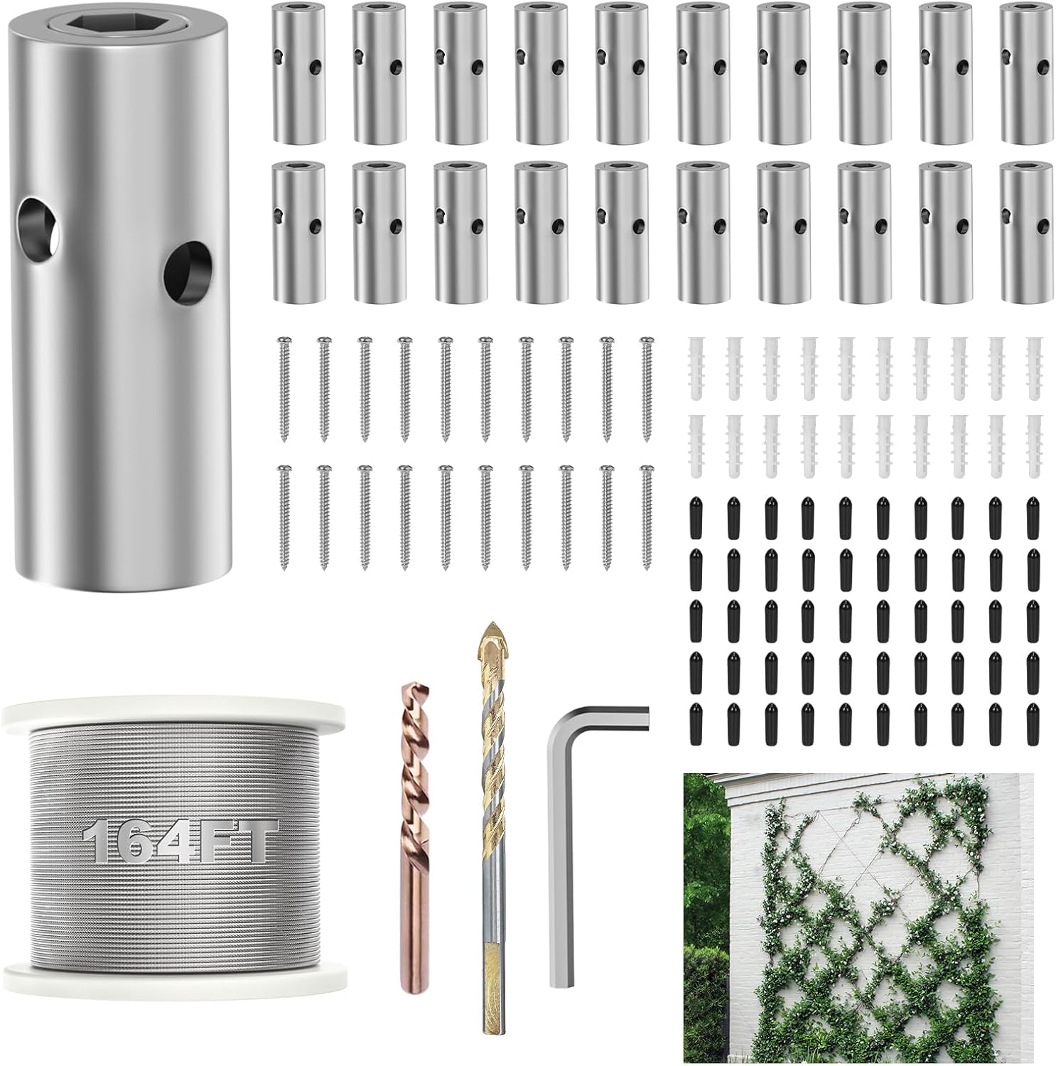 Wire Trellis for Climbing Plants Outdoor, 20 Set Wall Trellis Kit with 1/8" x 164ft Stainless Steel Cable, T316 Cylindrical Espalier System Cable Trellis Kit for Green Wall Fence DIY Projects