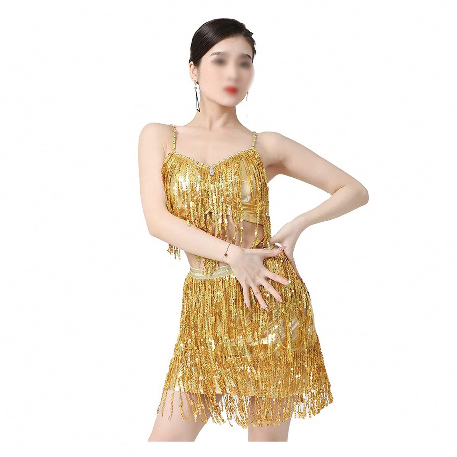Top de Tirantes de Baile Latino con Flecos de Lentejuelas para Mujer con Almohadilla en el Pecho + Traje de Falda, Trajes de competición de Danza del Vientre/Pole Dance