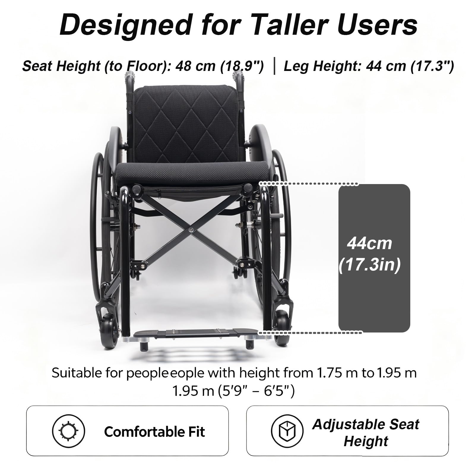 Sedia a rotelle pieghevole Leggera,Carrozzina ad autospinta | Da Transito, in alluminio, Freno di Stazionamento, poggiapied rimovibili, per adulti(B,44cm/17.3in Seat)