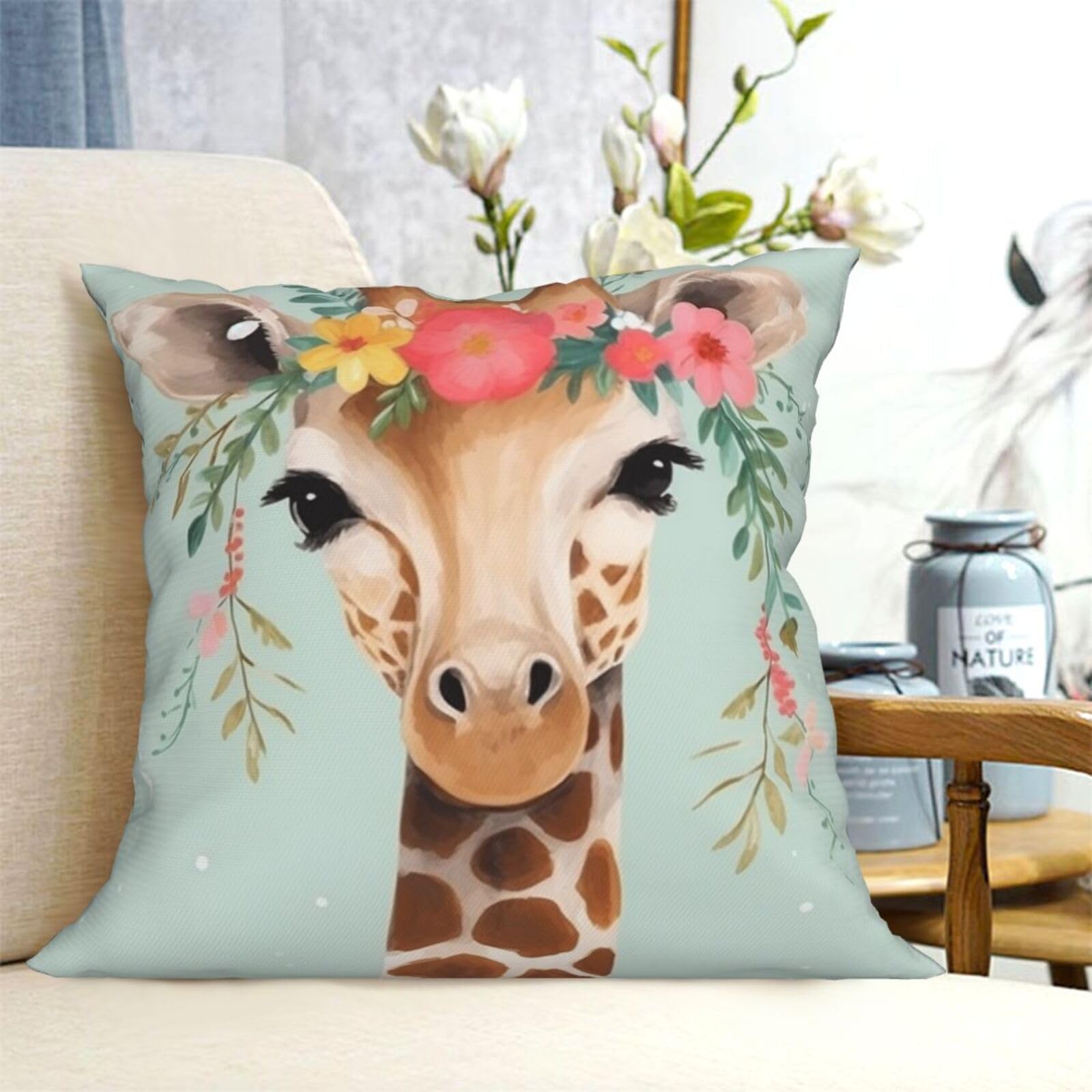 Fodpand Black Decorative Throw Pillow Covers 18"X18" Giraffe With Floral Cushion Cases Square Modern Farmhouse Pillow Cases Soft Cozy Cushion Covers For Couch Sofa Bedroom Home Decor Pillowcase