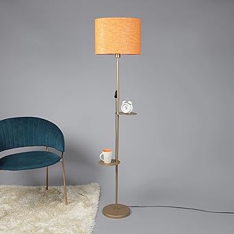 Sanded Edge - Double Shelf Gold Color Metal Floor Lamp for Living Room Double Shelf in Orange Color Oval Shape Shade, Big in Size Occupy Less Space.