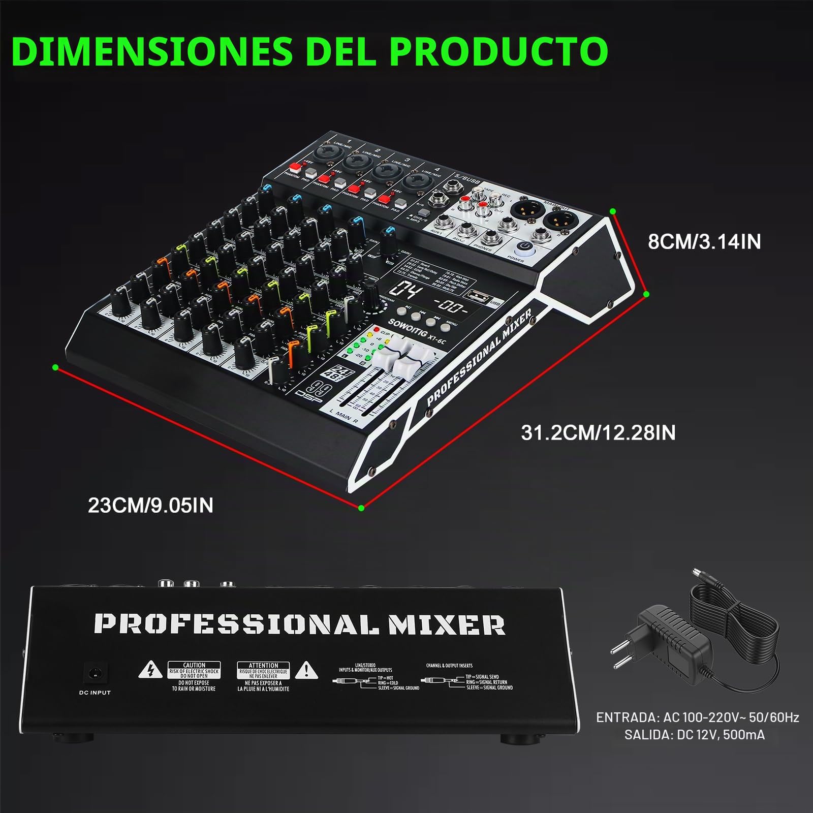 Consola mezcladora de audio de 6 canales con 99 efectos DSP, mezclador digital para DJ, mezclador profesional con USB, Bluetooth, alimentación fantasma de 48 V